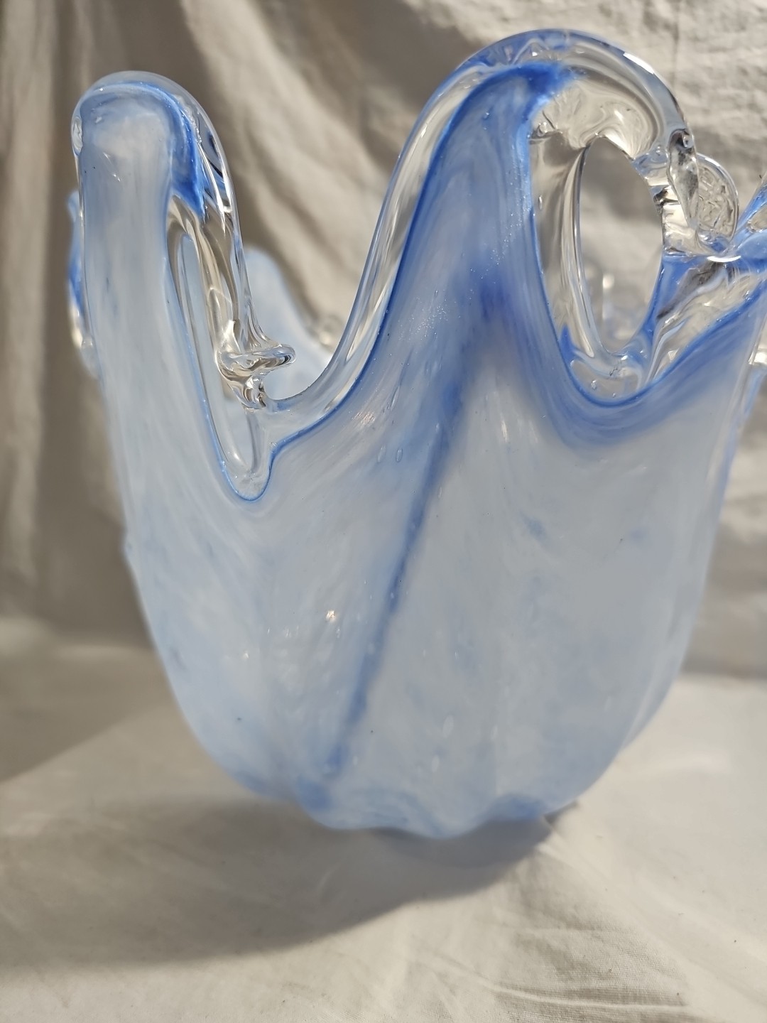 Large Murano Art Glass Vase Bowl Italy Hand Made Label Blue Unique Style Rare