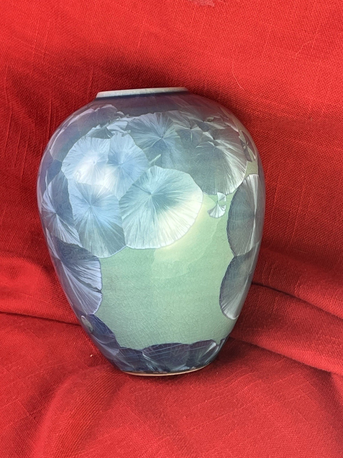 Crystalline Glaze Ceramic Art Pottery Vase Round Signed Blue Green Celadon Art