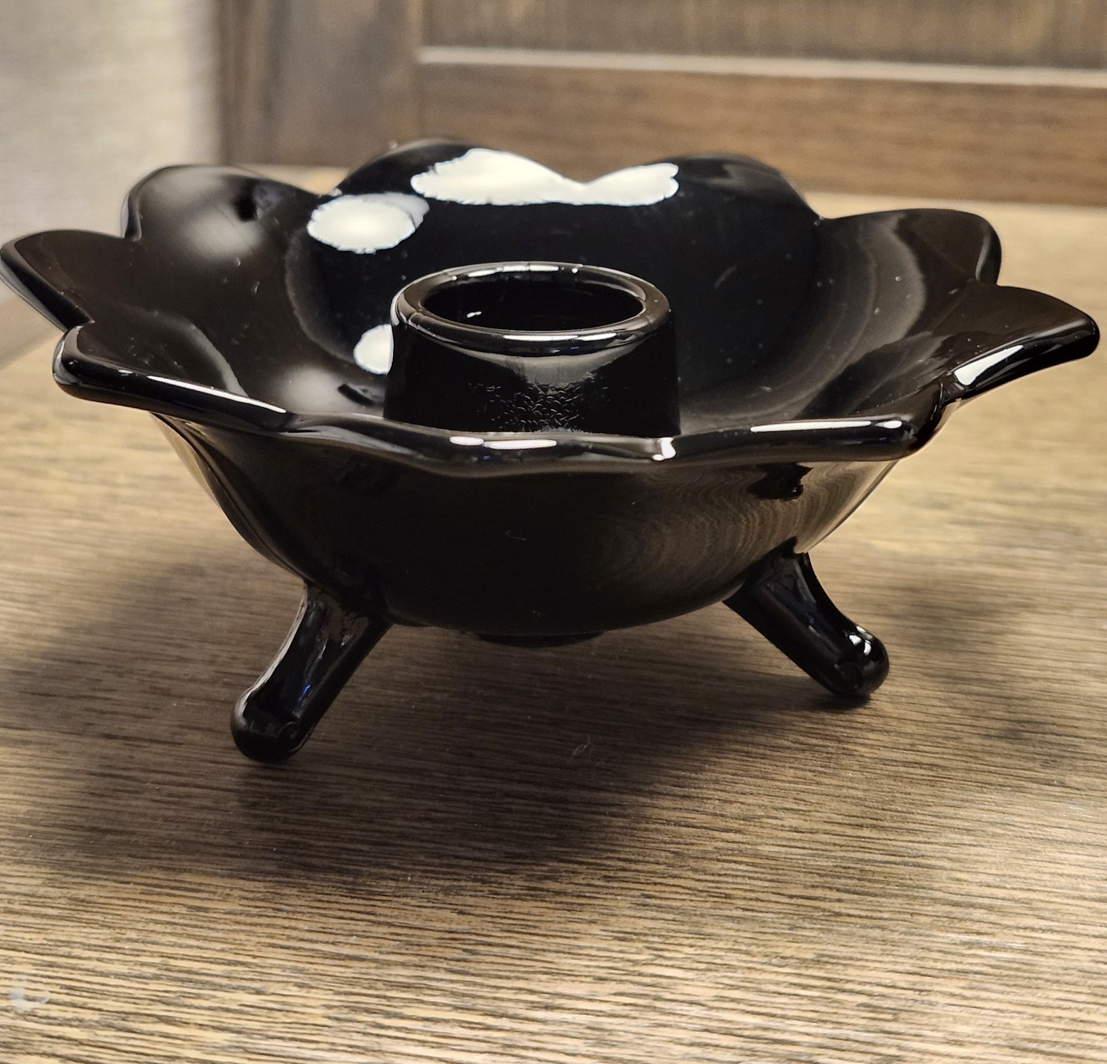 Vintage Fenton Black Amethyst Glass Lotus Candle Holders Pair 3 Footed Taper