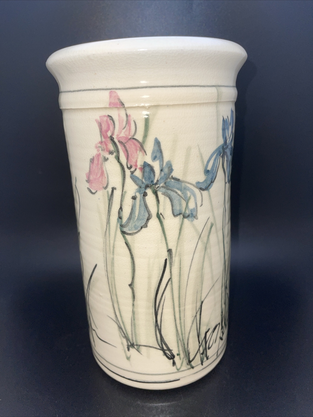 Studio Art Hand Thrown Pottery Vase Iris Hand Painted Artist Signed 9”USA