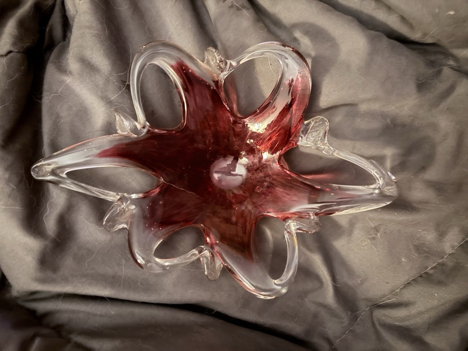 Hand Blown Art Glass Ashtray Clear & Red Star Shape Decorative Glossy