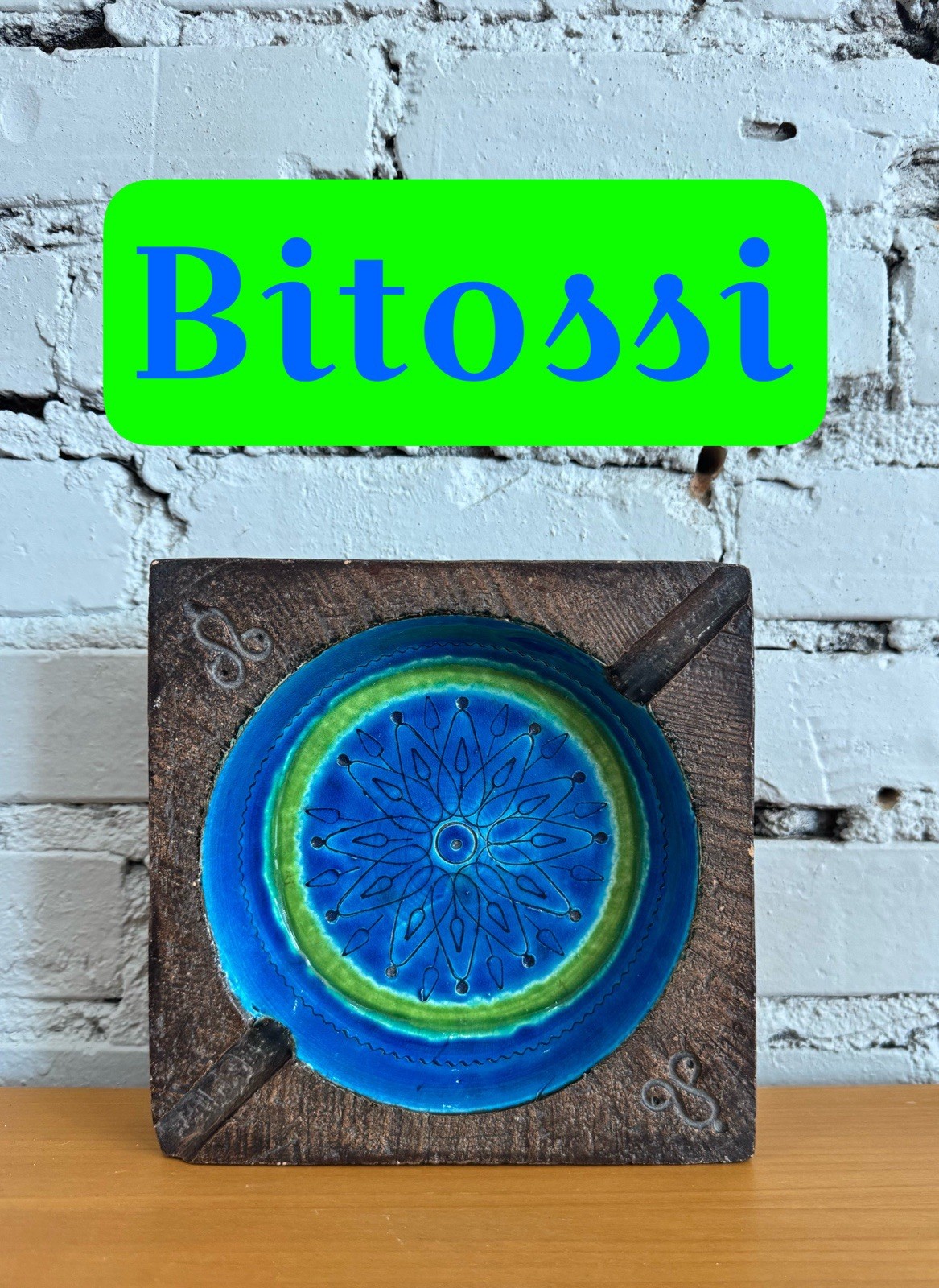 Bitossi Italy Pottery Modernist Square Ashtray Blue Green Medallion 1058B MCM