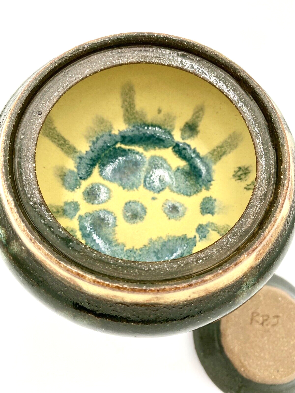 Studio Pottery Lidded Bowl, Signed, Forest Green w/Yellow, Surprise Inside!
