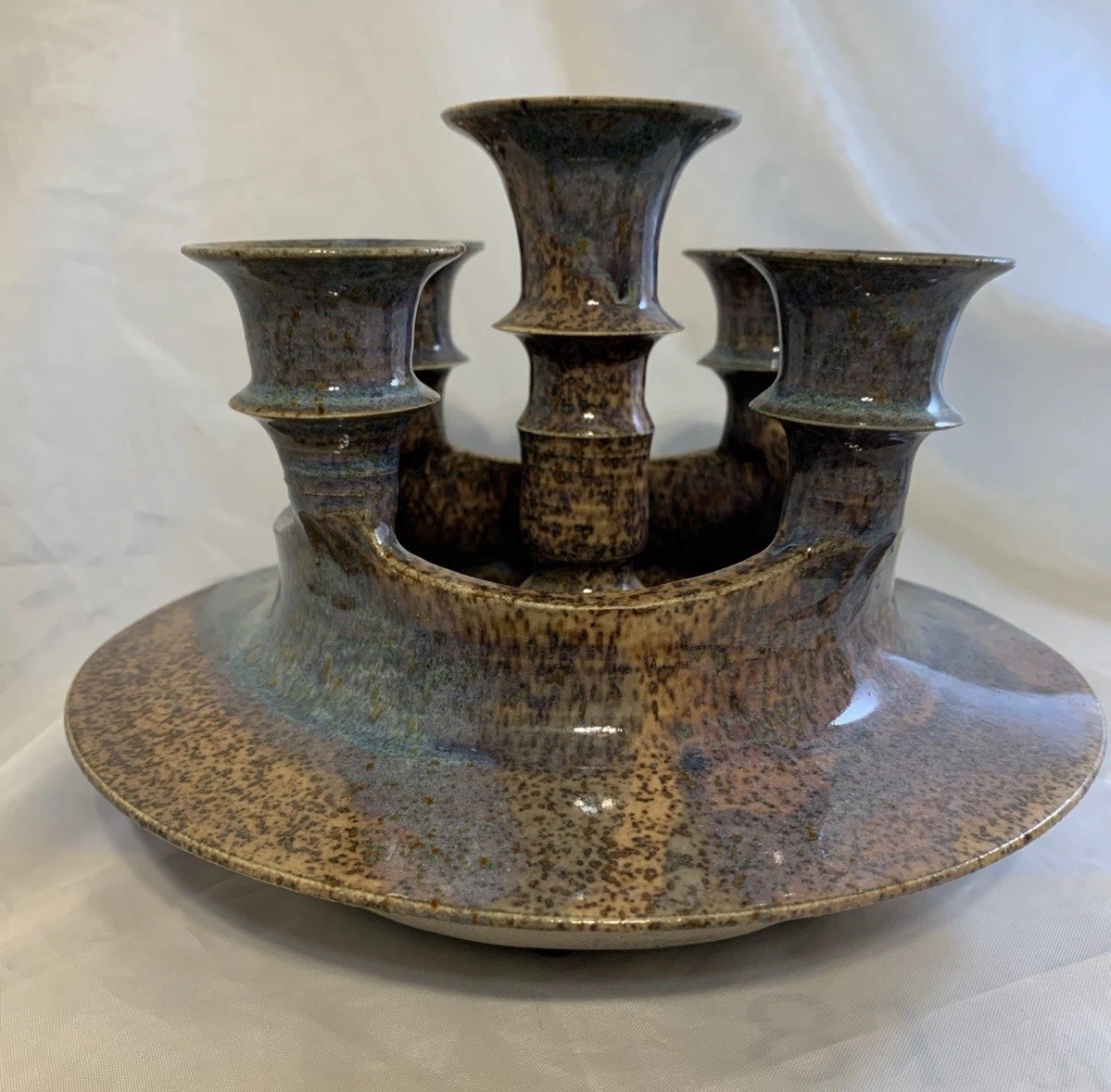 Vintage Handmade Studio Pottery 5 Taper Candlestick Holder Dish Custom Signed