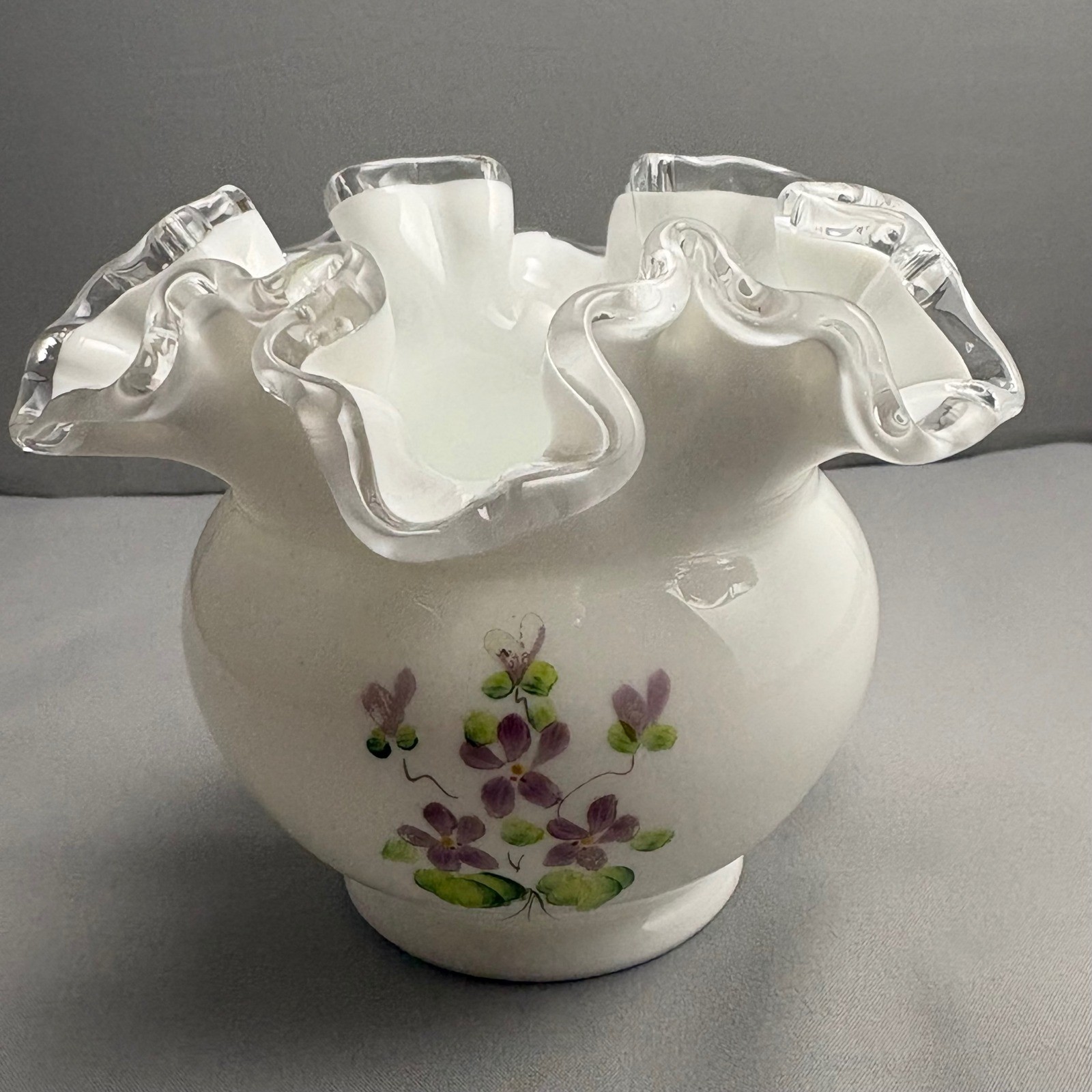 Fenton Silver Crest Vase Lilacs In The Snow Hand Painted Ruffled Milk Glass