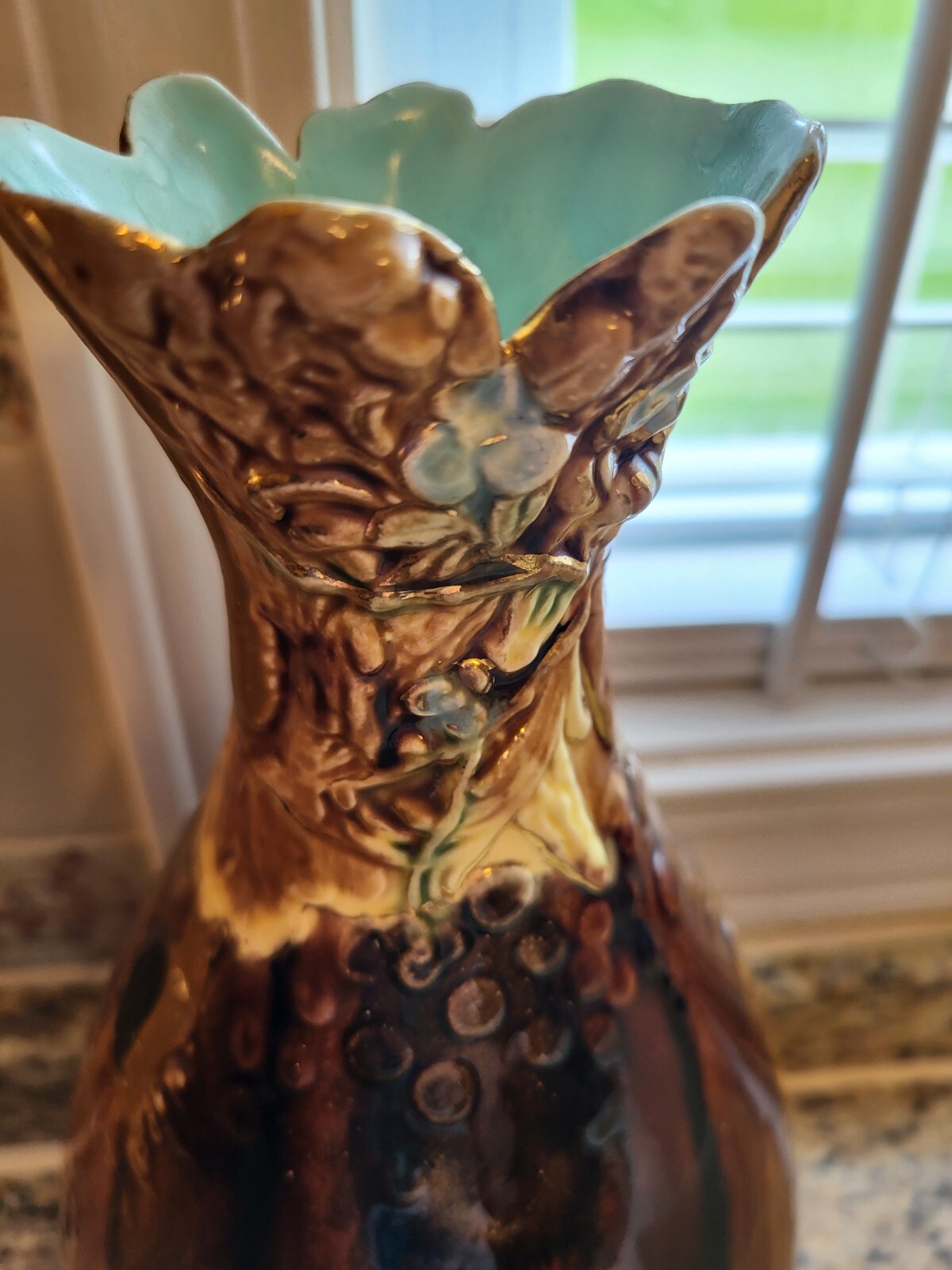 Majolica brown /beige porcelain pottery teal blue inside and flowers # on bottom