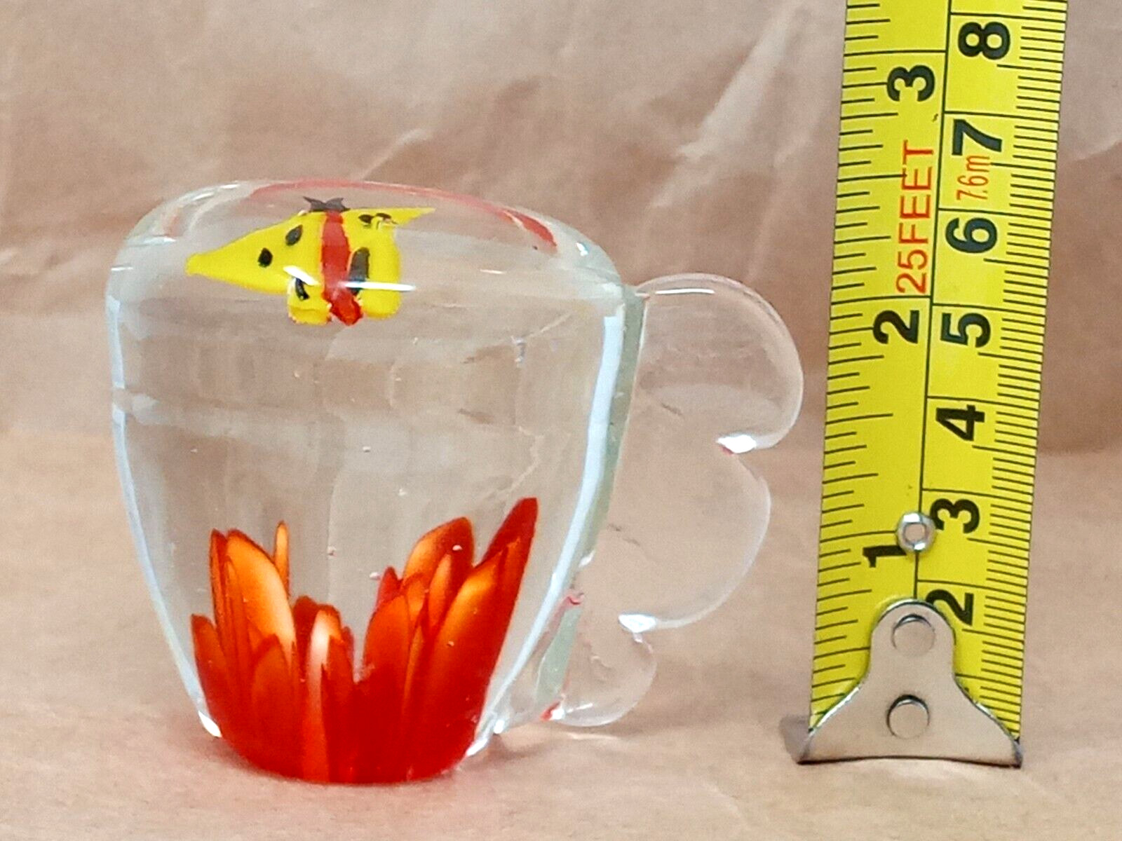 Butterfly & Orange Tuplips flowers Clear Glass Paperweight made in China