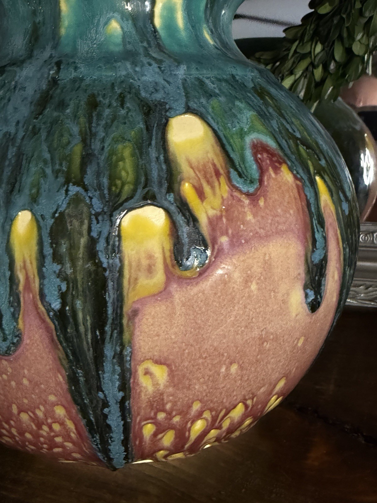 Handcrafted Artist Signed Multi-Color Blended Onyx Drip Glaze Pottery Vase 8.75″