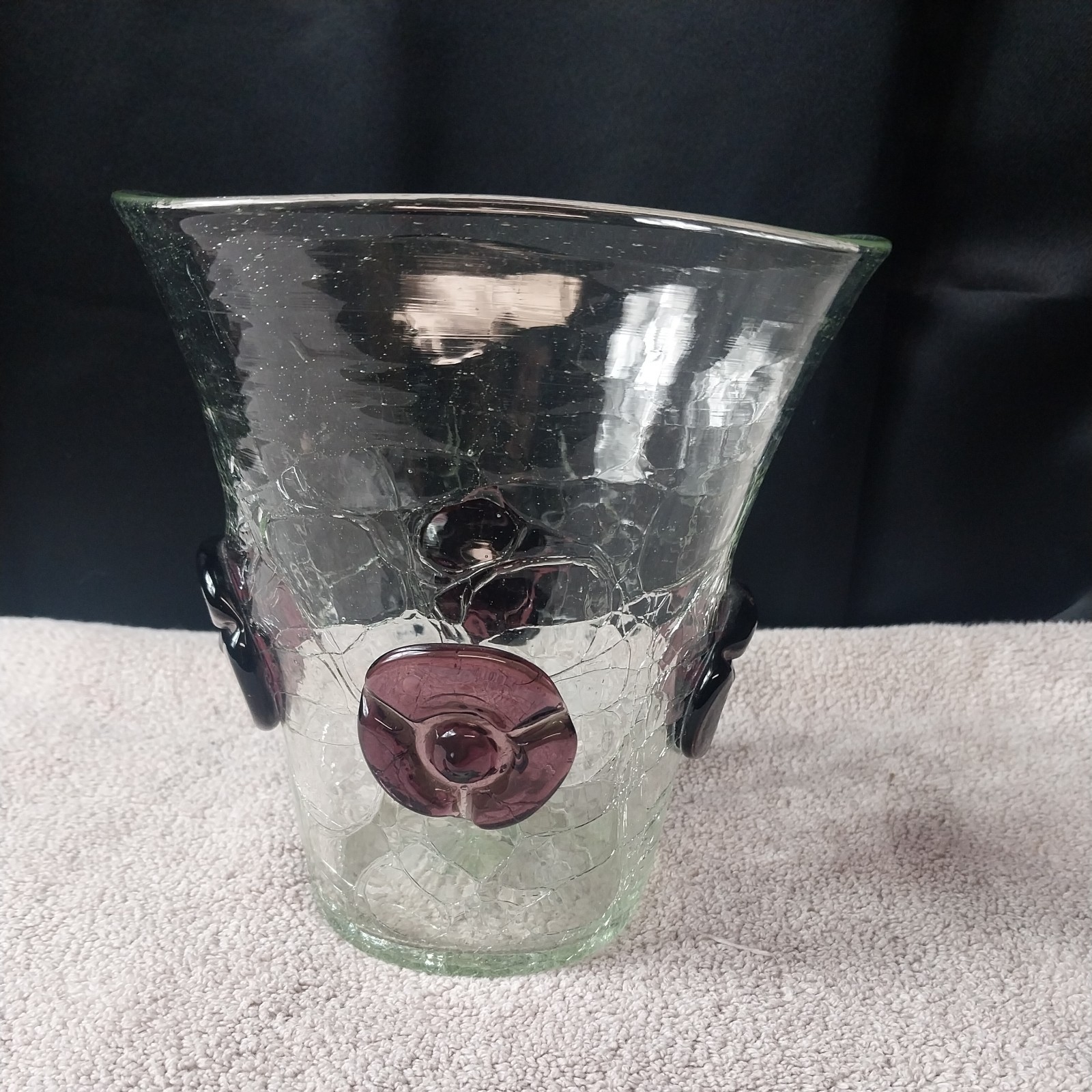 Clear Crackle Vase w/ Applied Purple Amethyst Glass Flower Medallion Prunts MCM