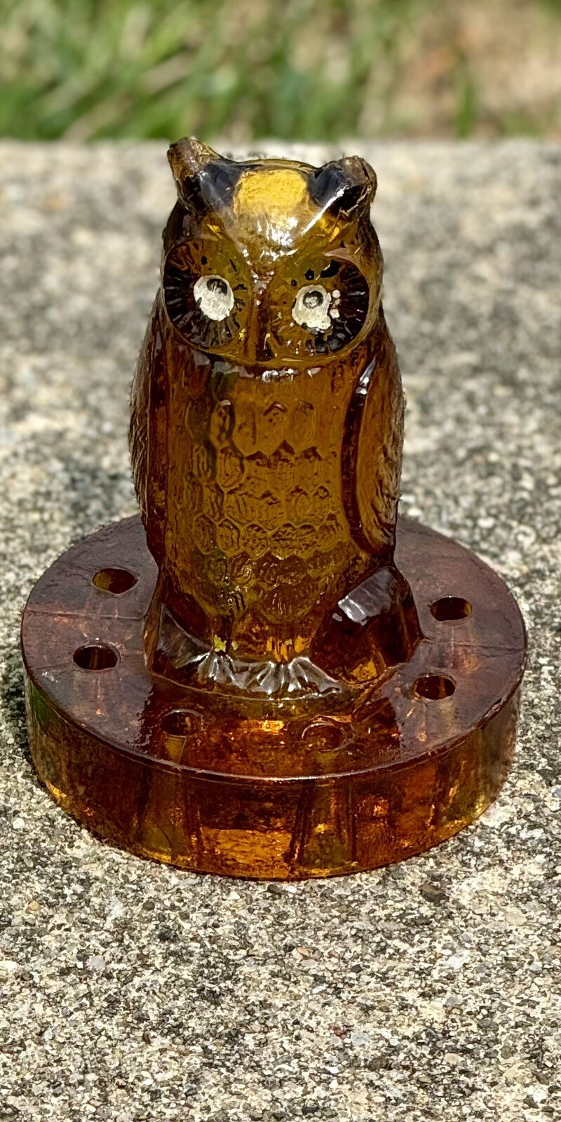 Flower Float Owl Vintage Amber Indiana Glass Flower Frog Chipped Ear See Photos