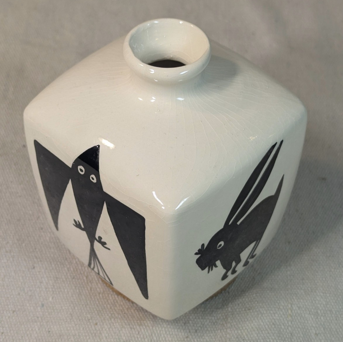 Twigwood Art Pottery Vase, Folk Art Rabbit, Raven, Thunderbird Black & White