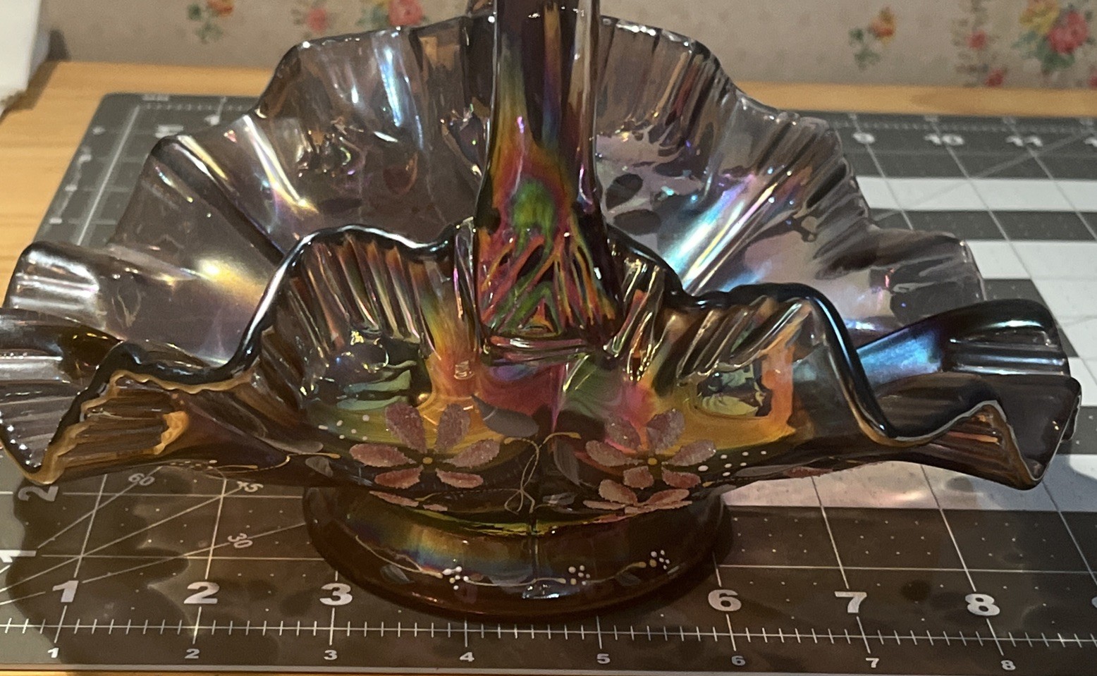 Fenton Amethyst Carnival Glass Ruffled Basket – Signed Bill Fenton & D. Erdman –