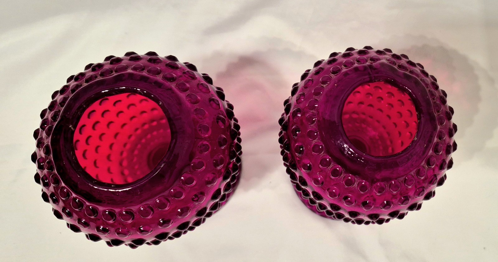 2 Duncan & Miller Glass American Hobnail Footed Ivy Pedestal Ball Ruby Red Vtg