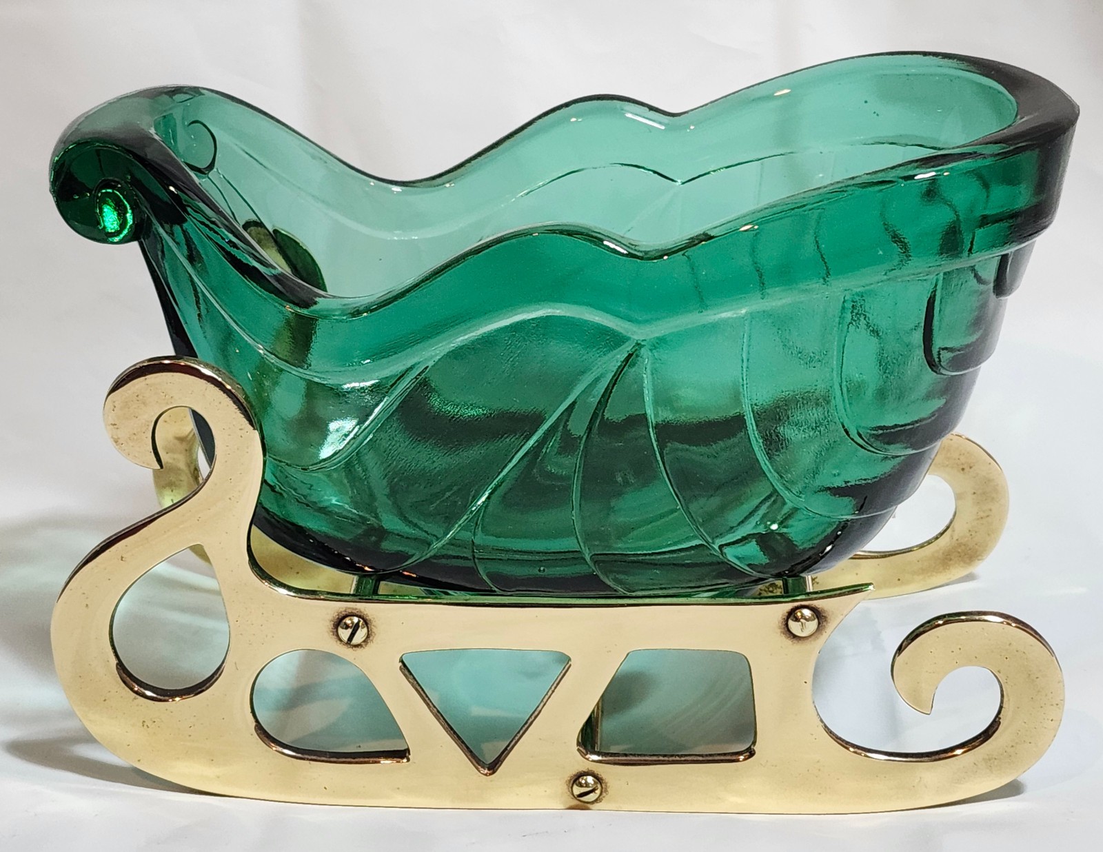 Fenton Green Glass Sleigh Candy Dish With Brass Runner Base