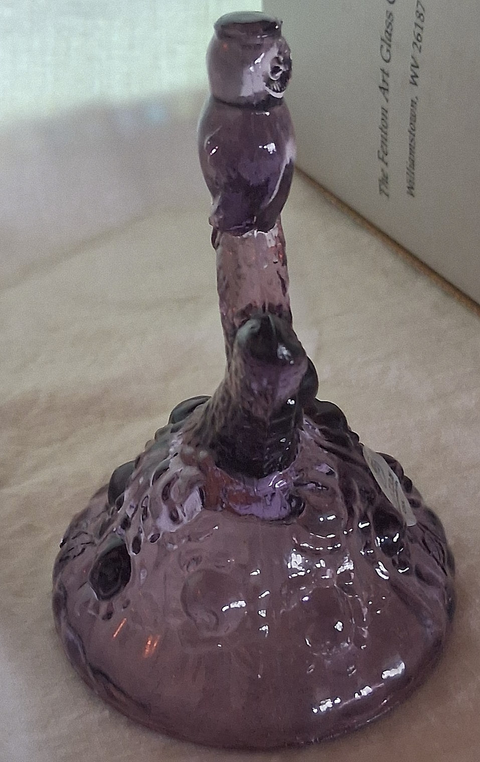 Fenton Art Glass VIOLET Owl on Tree Branch w/Cabbage Rose Base Ring Holder 4.5”t