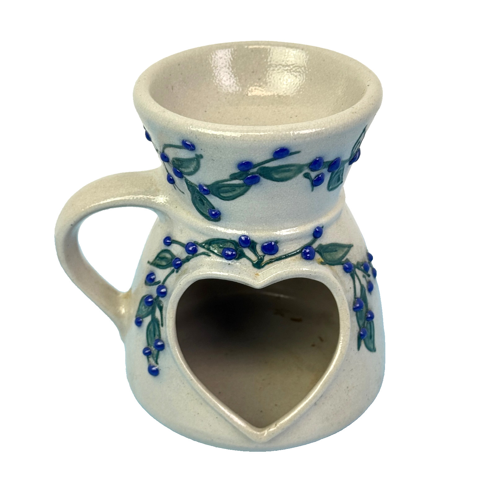 Salmon Falls Pottery Wax Melter Heart Shape Opening Handle Blueberry Vine Design