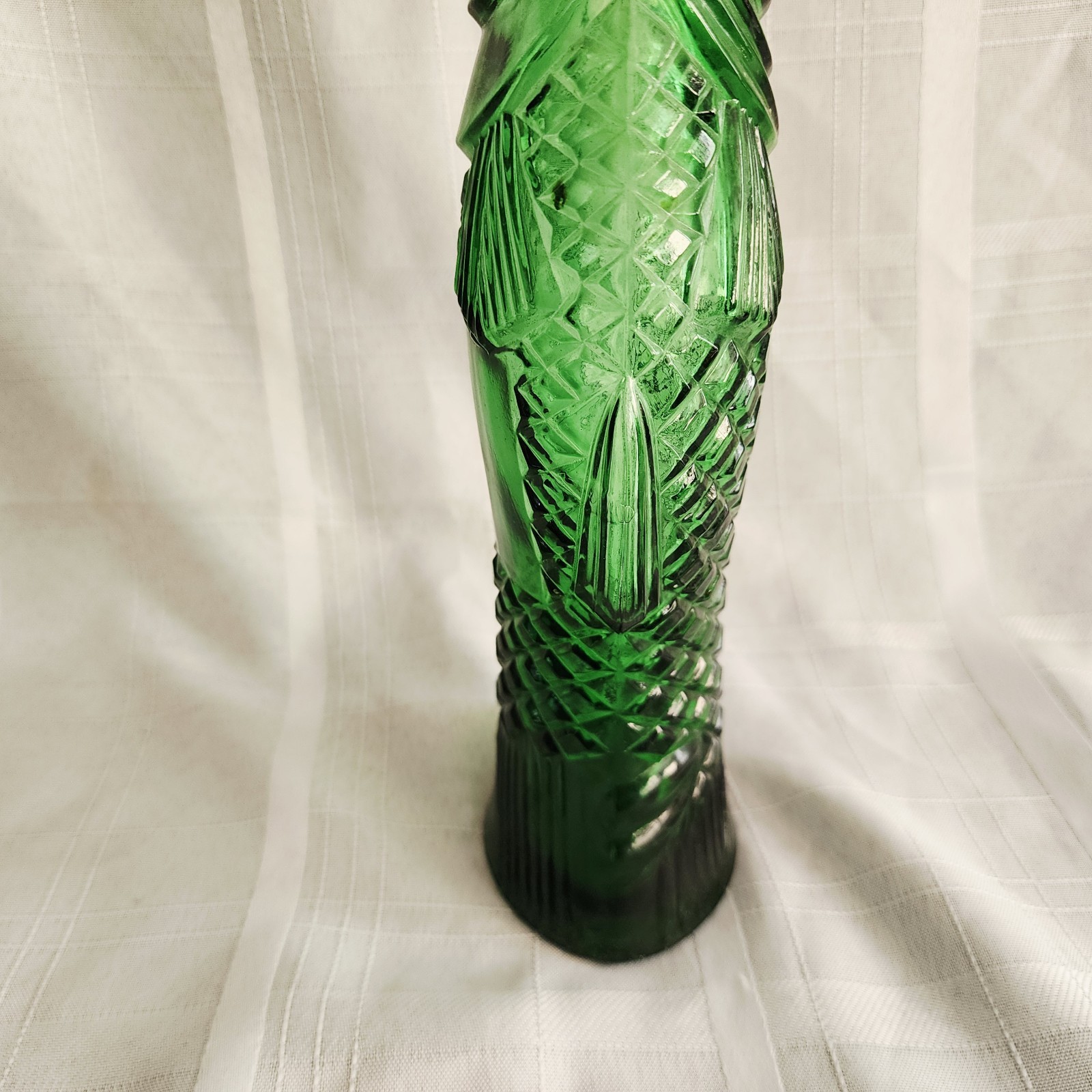 Vintage Green Glass Fish Shaped Wine Bottle Decanter Scales 13″ T F Mark