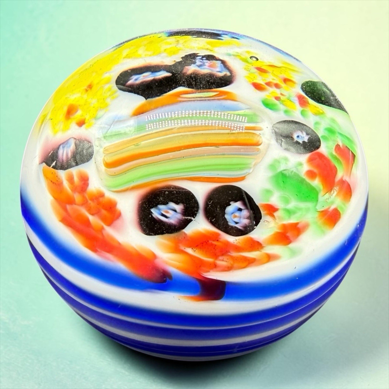 ICET Arte De Murano Art Glass Paperweight Scramble Millefiori Blue White 3” Read