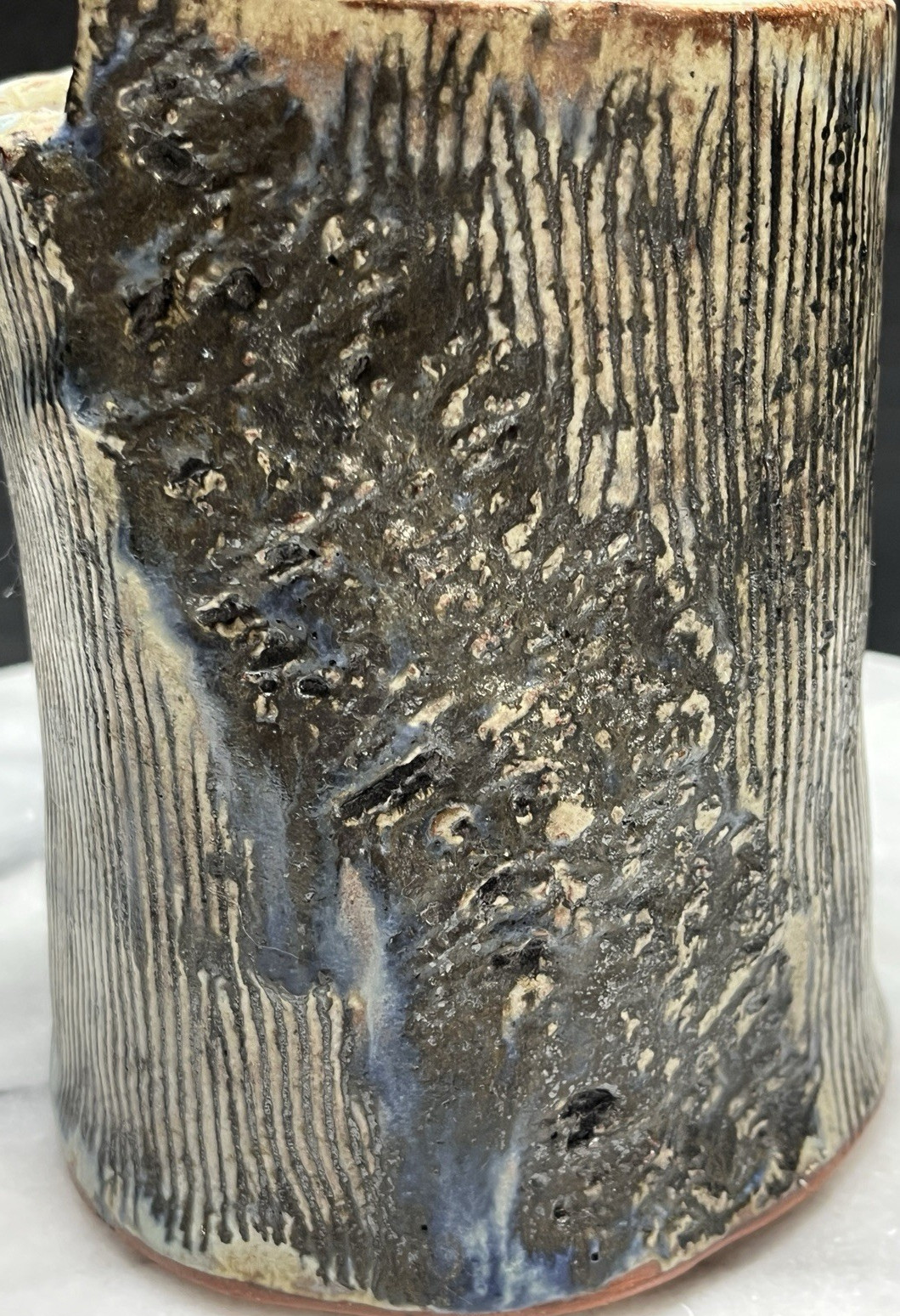 Vintage Signed Studio Art Pottery Vase Vessel Tree Bark Embossed Rustic Camp