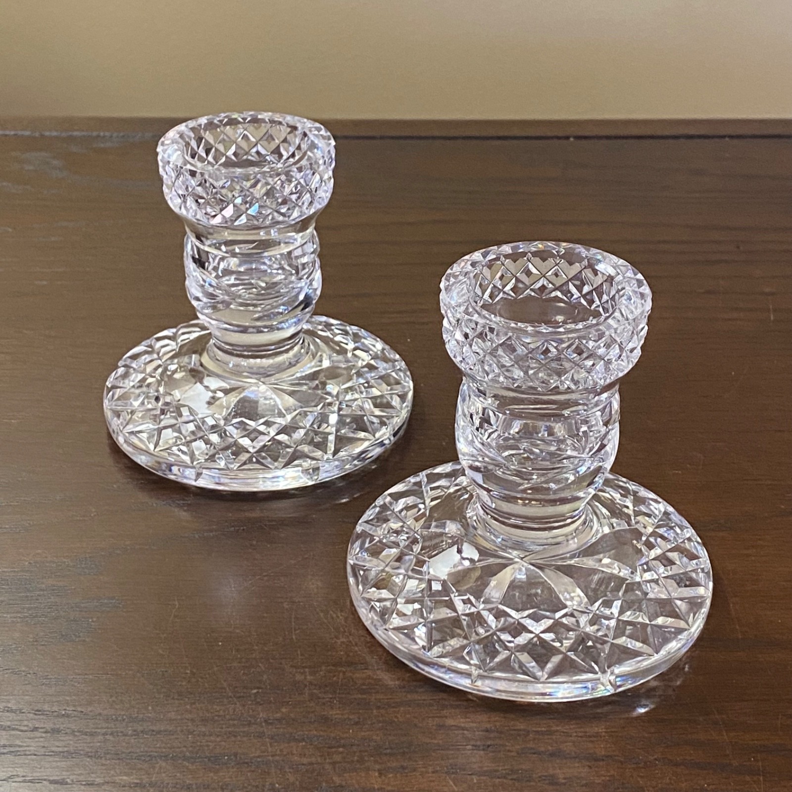 Pair of Waterford Glandore Crystal 3 3/8″ H Candle Holders Candlesticks ~ Signed