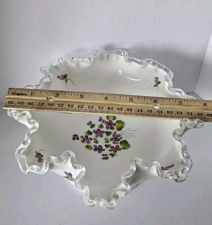 Fenton Silver Crest Violets in Snow White Glass Pedestal Decorative Bowl Dish