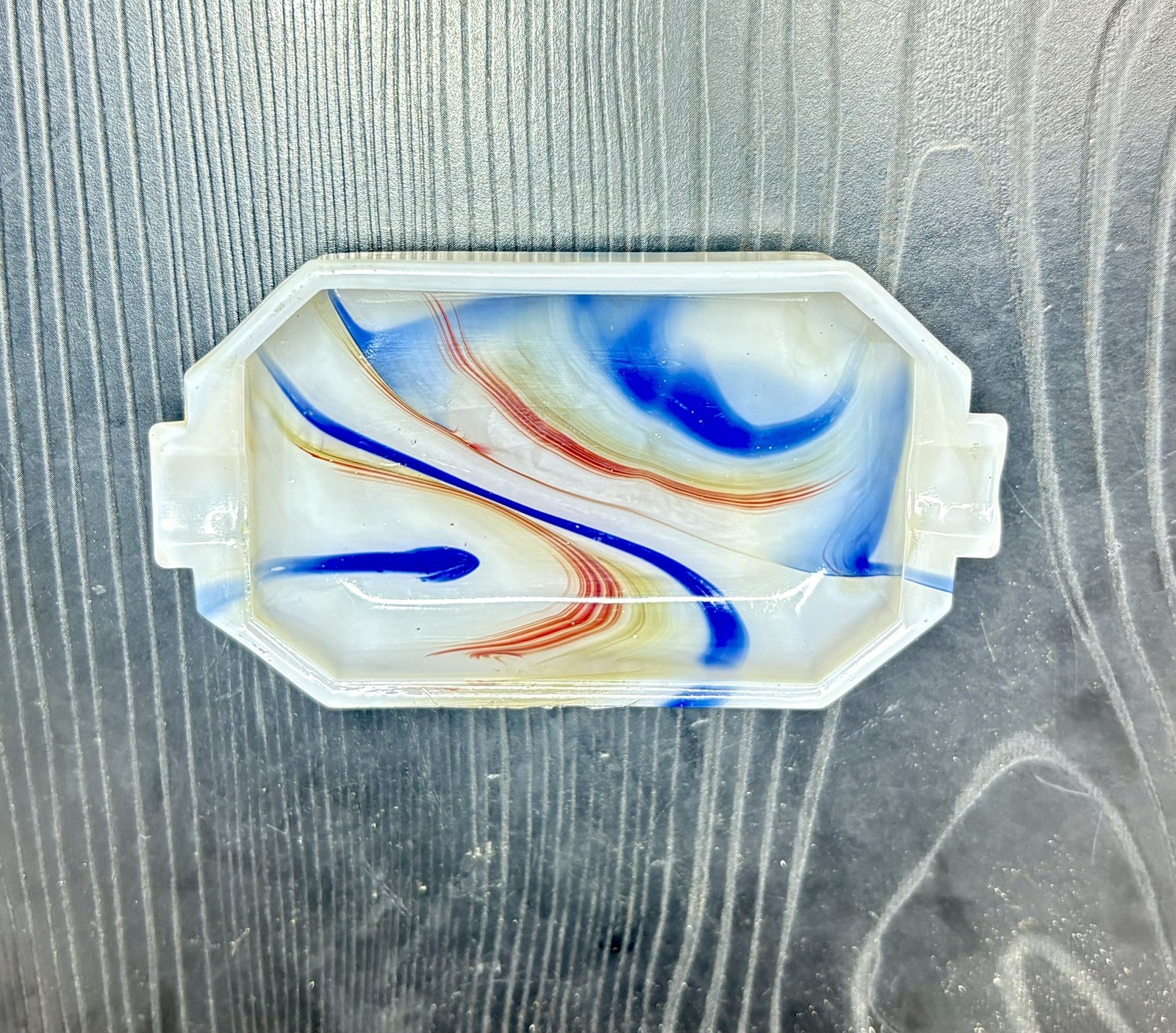 Akro Agate Blue/Red Copper Swirl ASHTRAY UV Uranium Glass