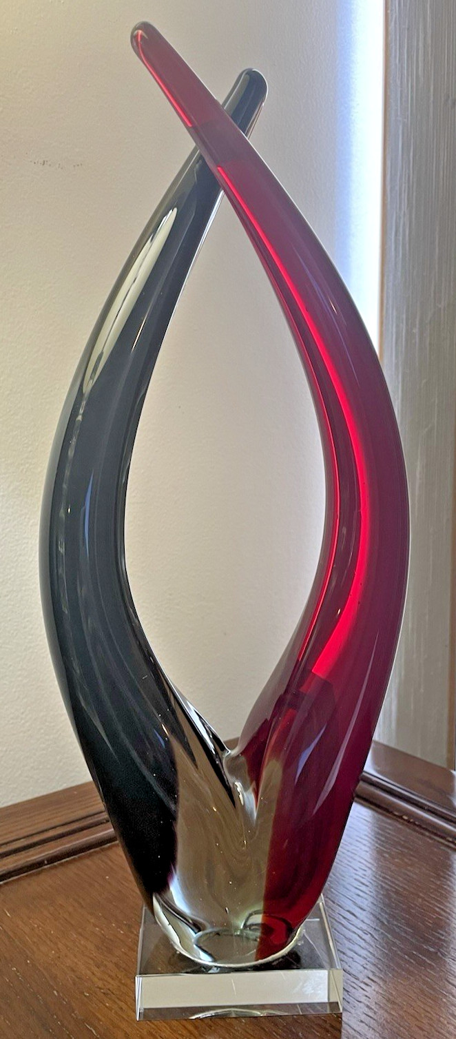 Red Black Murano Style Glass Art Swirl Sculpture Mid-Century Modern Decor Horns