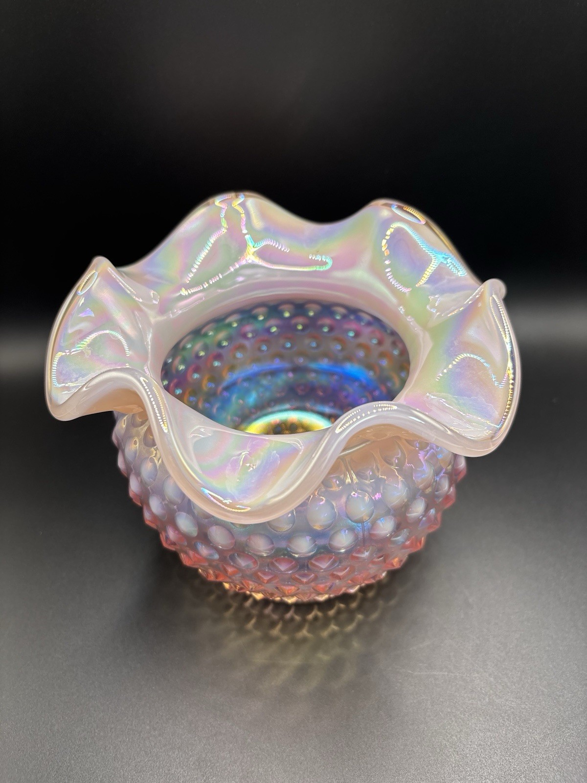 Fenton Vintage Opalescent Pink Basket Vase Dish W/Ruffled Edges 5”