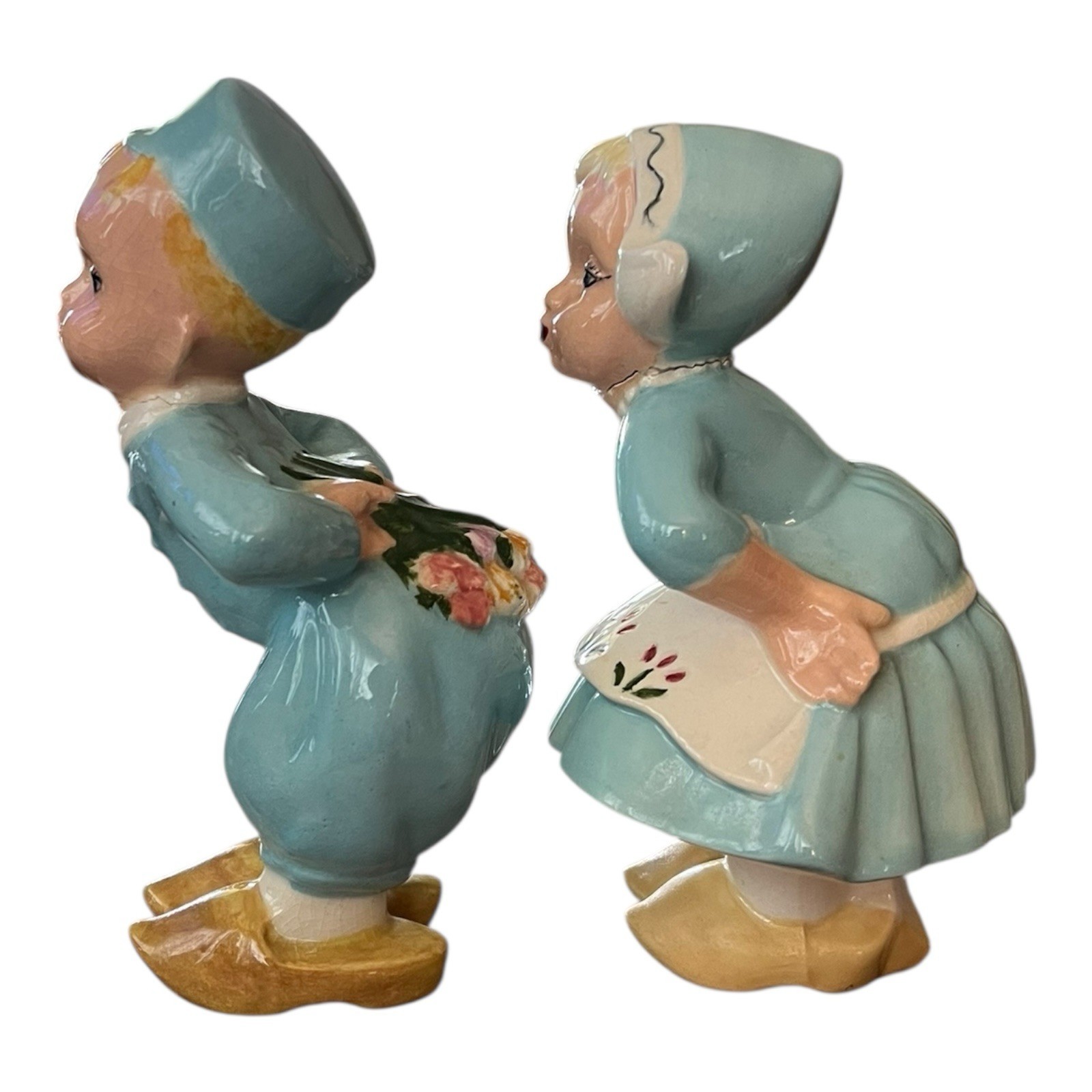Kissing Dutch Figurines Hand Painted Signed MCM Ceramic USA Blue 6” Tall Vtg