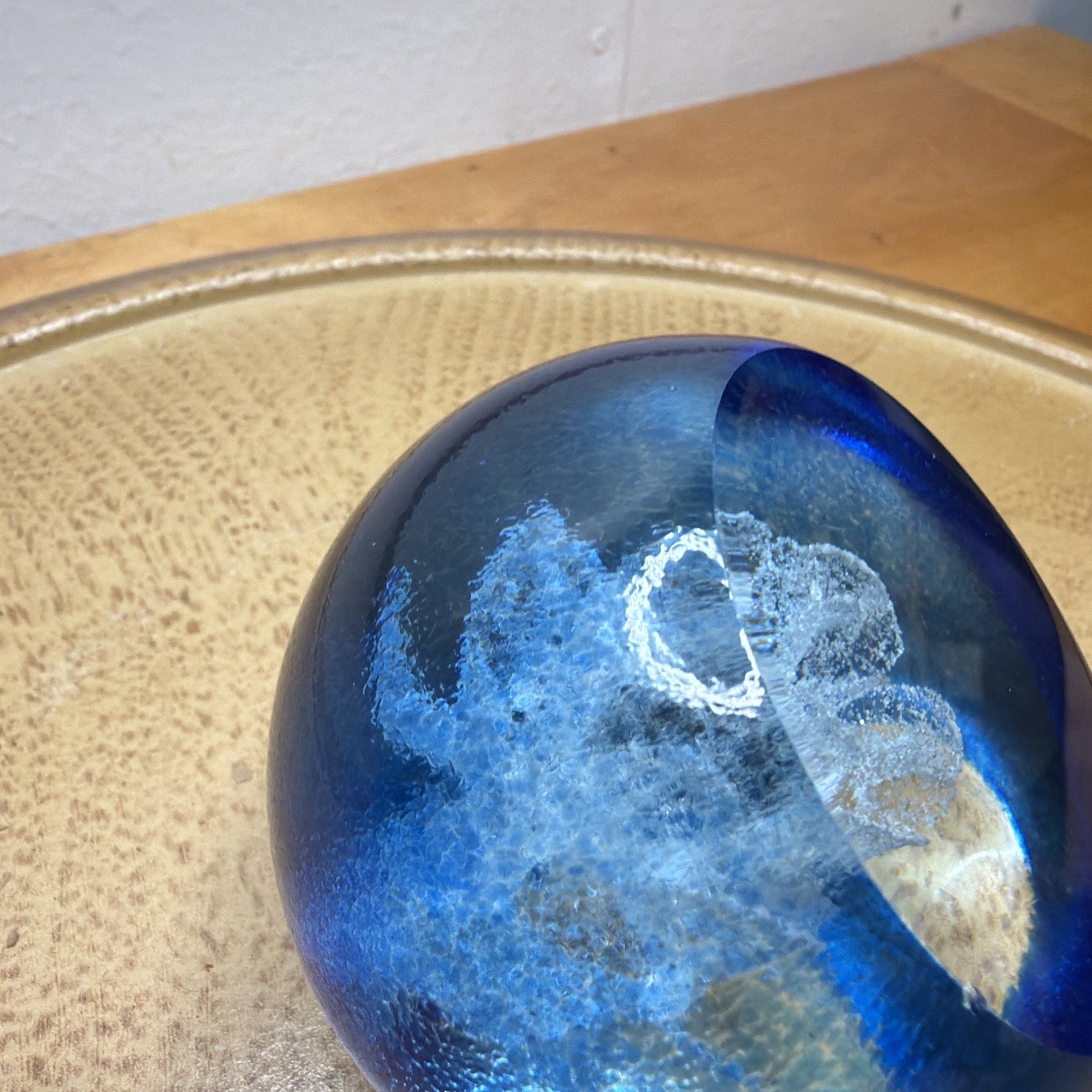 Selkirk Paperweight Bubble Blue & White Ice Flower Vintage Art Glass Signed