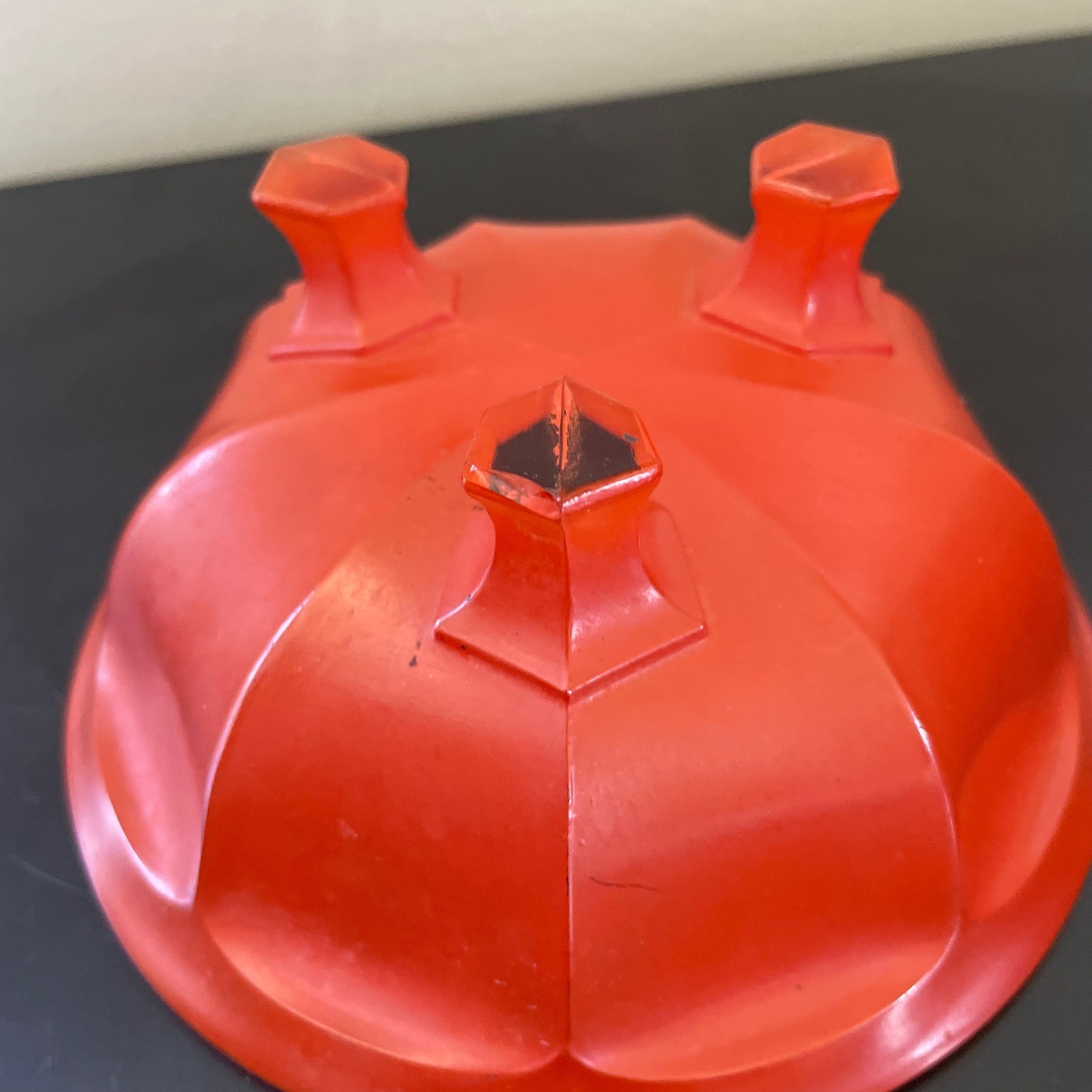Vintage Art Deco Tripod Glass Bowl Dish Faceted Orange Silver Paint Leaf Design