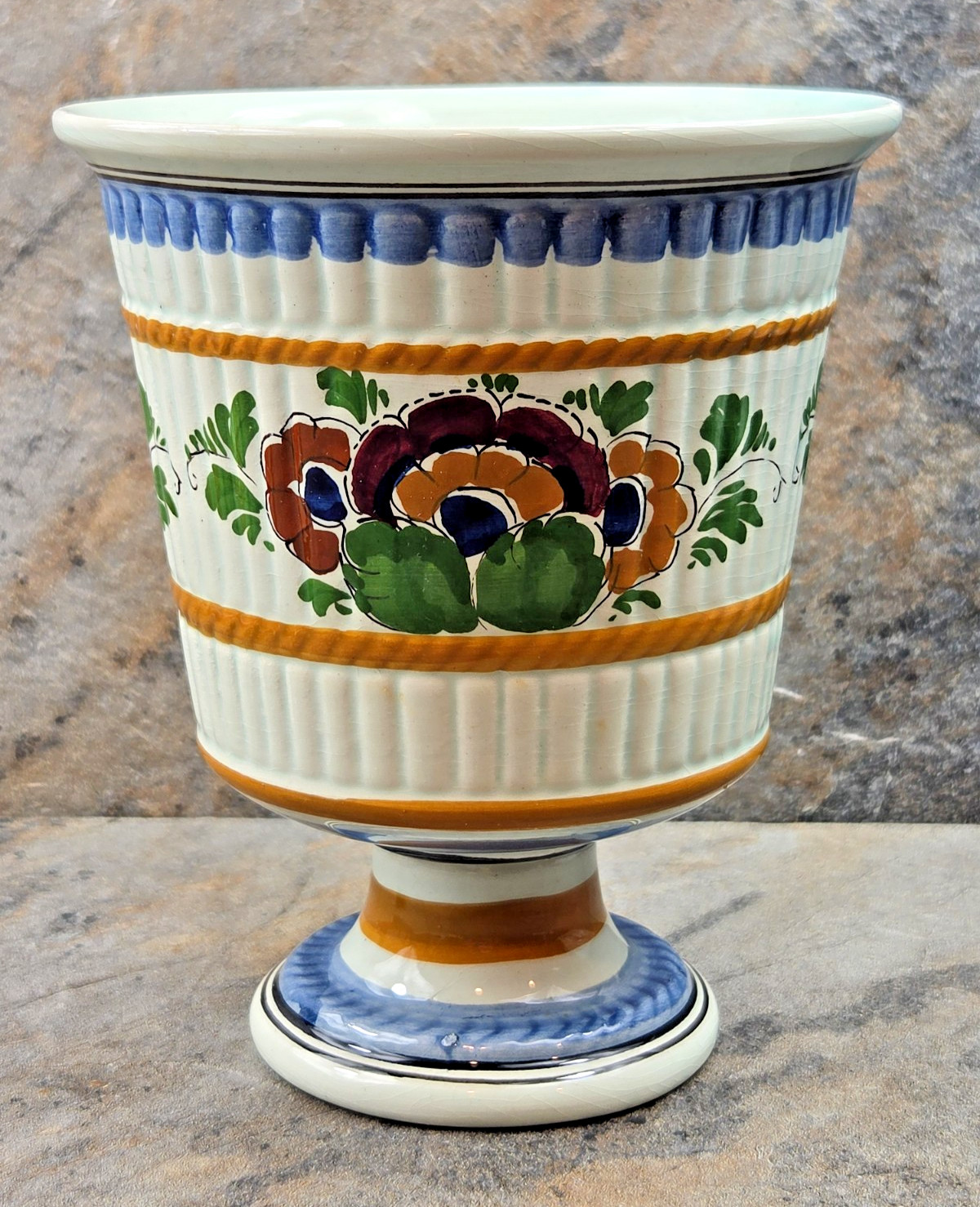 DP Delft Polychrome Footed Ceramic Vase Planter Floral Design Hand Painted 6″