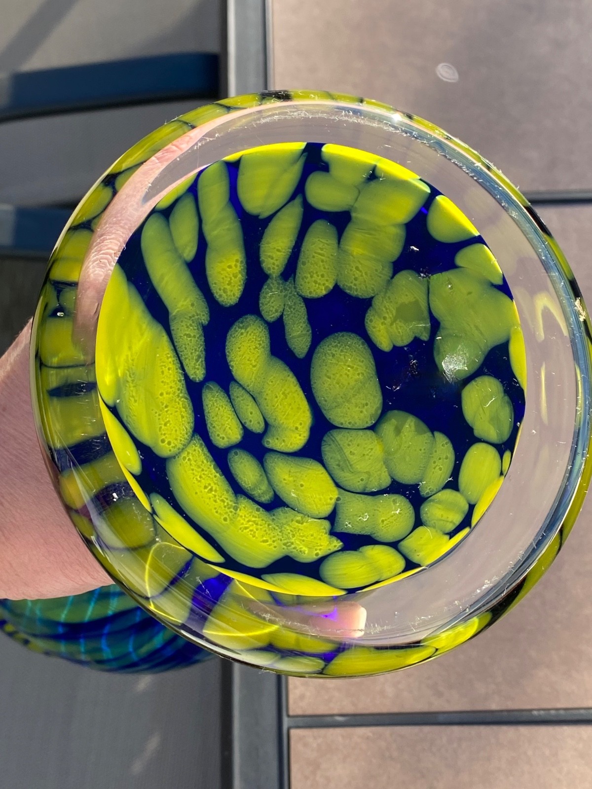 Gorgeous Art Glass Vase Blue / Yellow Hand Made in Poland by Justyna 15″ Tall