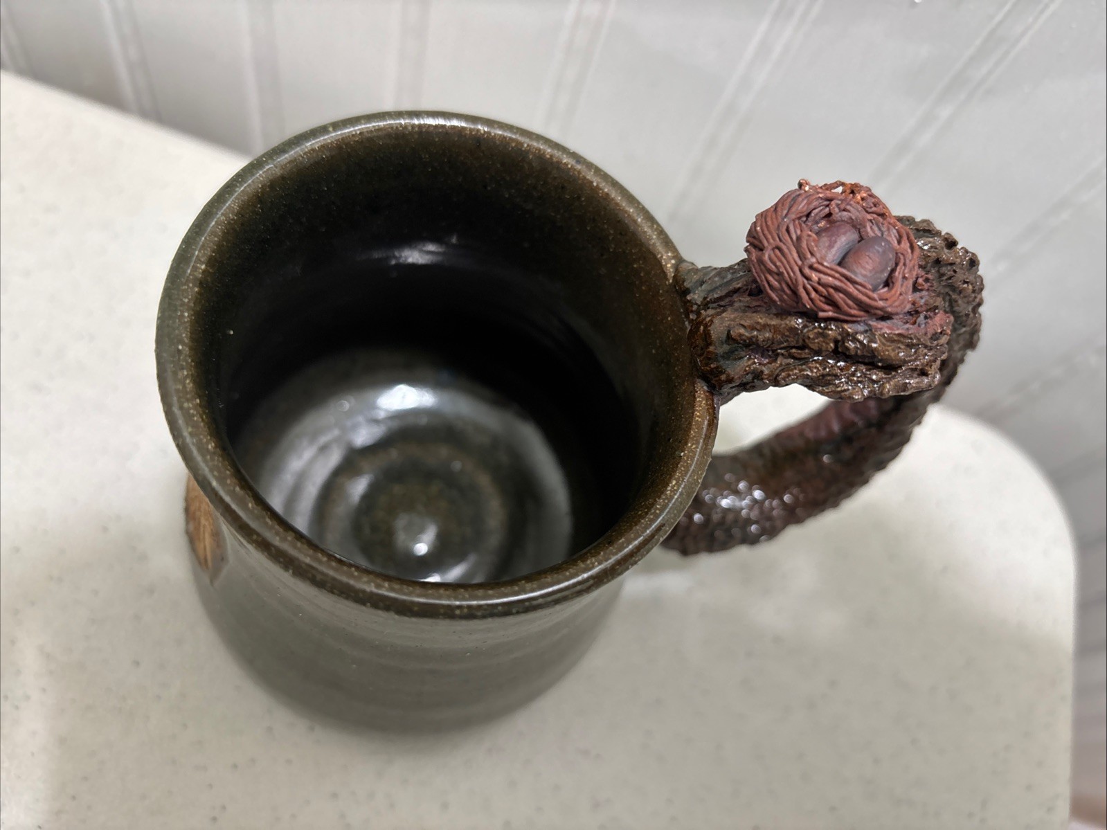 Pottery Mug Hand Made Birds Nest Branch Leaf Signed One Of A Kind Stoneware