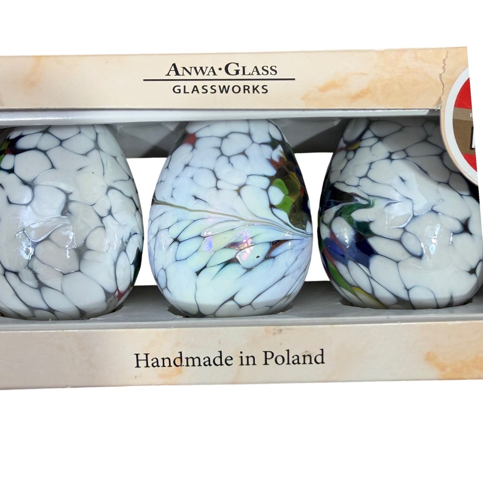 Anwa Glass Glassworks Handmade Poland Glass Easter Eggs White Confetti Set of 3