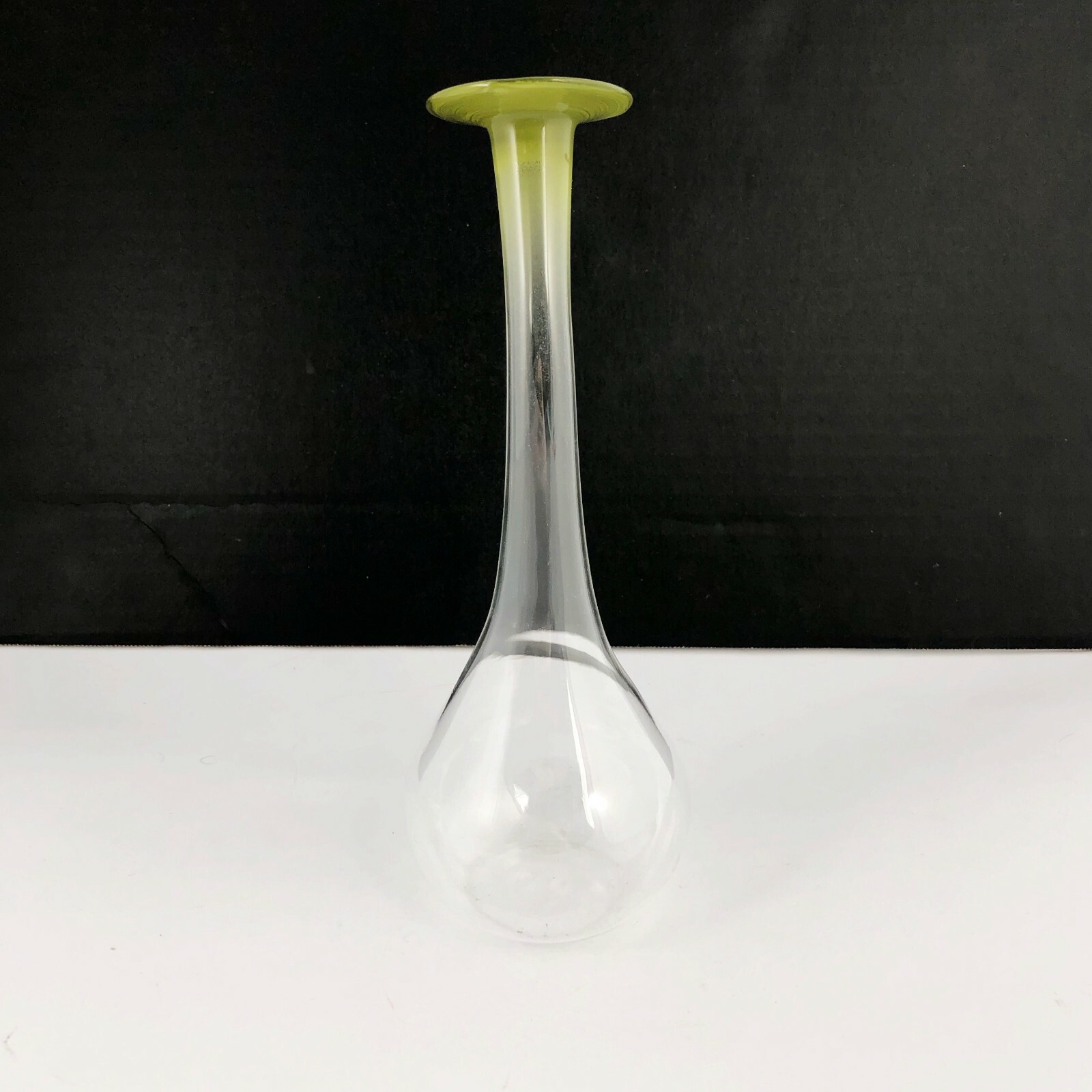 Art Glass Bud Vase Crystal Clear w Long Bent Neck and Green Lip Blown Handmade