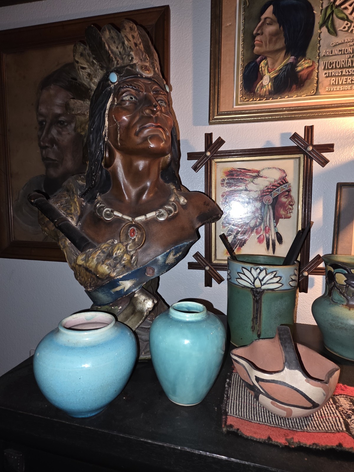 2 Vintage Pisgah Nelson Turquoise Vase Arts Crafts Pottery Signed NC Beautiful