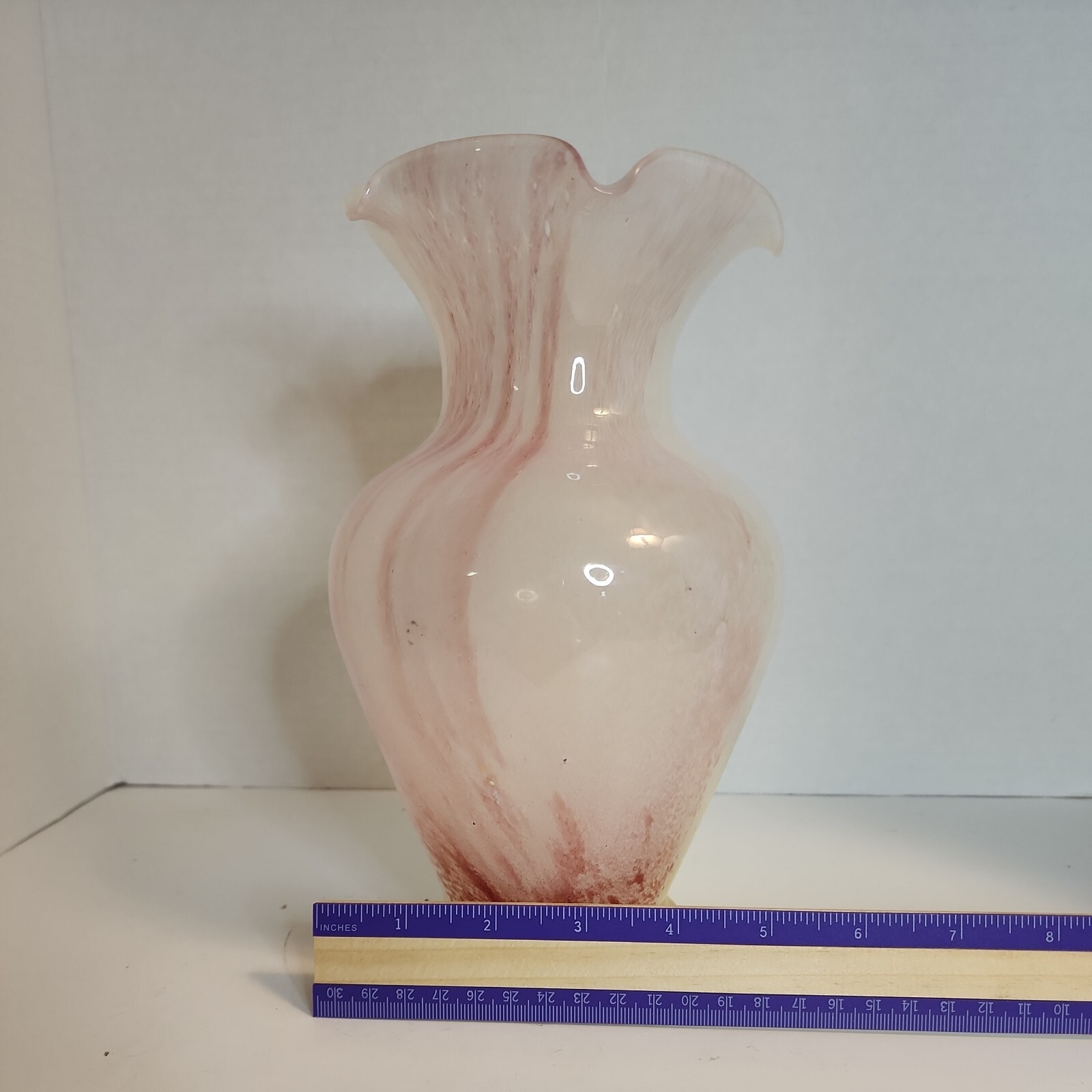 Crystal Clear Italian Glass Vase Pink, Yellow, White Swirl Hand Blown Ruffle Top