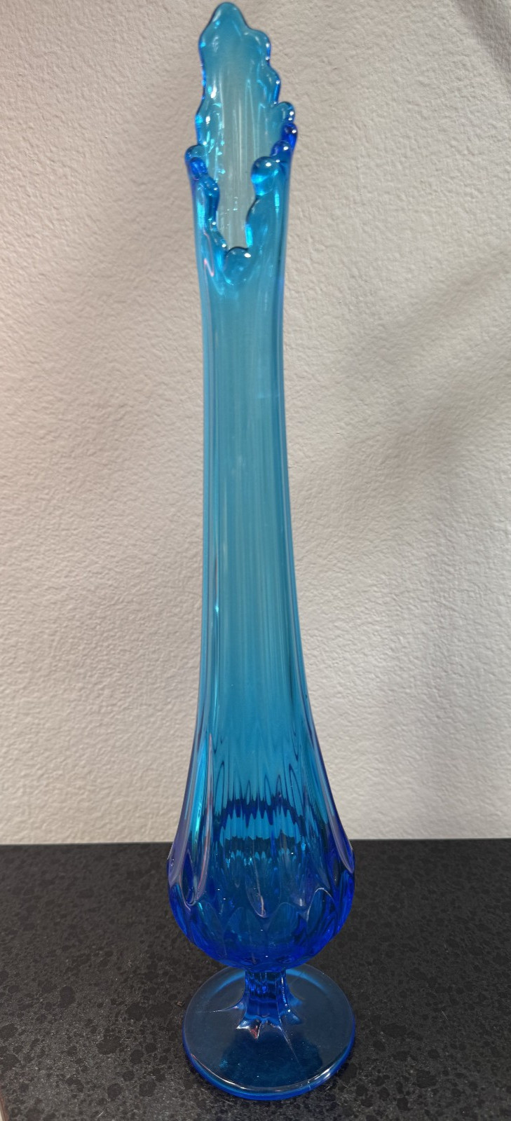 Fenton Sapphire Blue Swung Glass Thumbprint Pedestal Vase Mid Century 17 1/2”