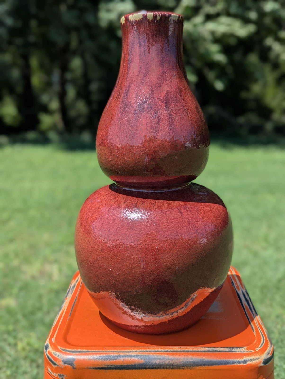 Tall Vintage Handmade Sang de Boeuf Chinese Oxblood Pottery Vase Approx. 10 Lbs