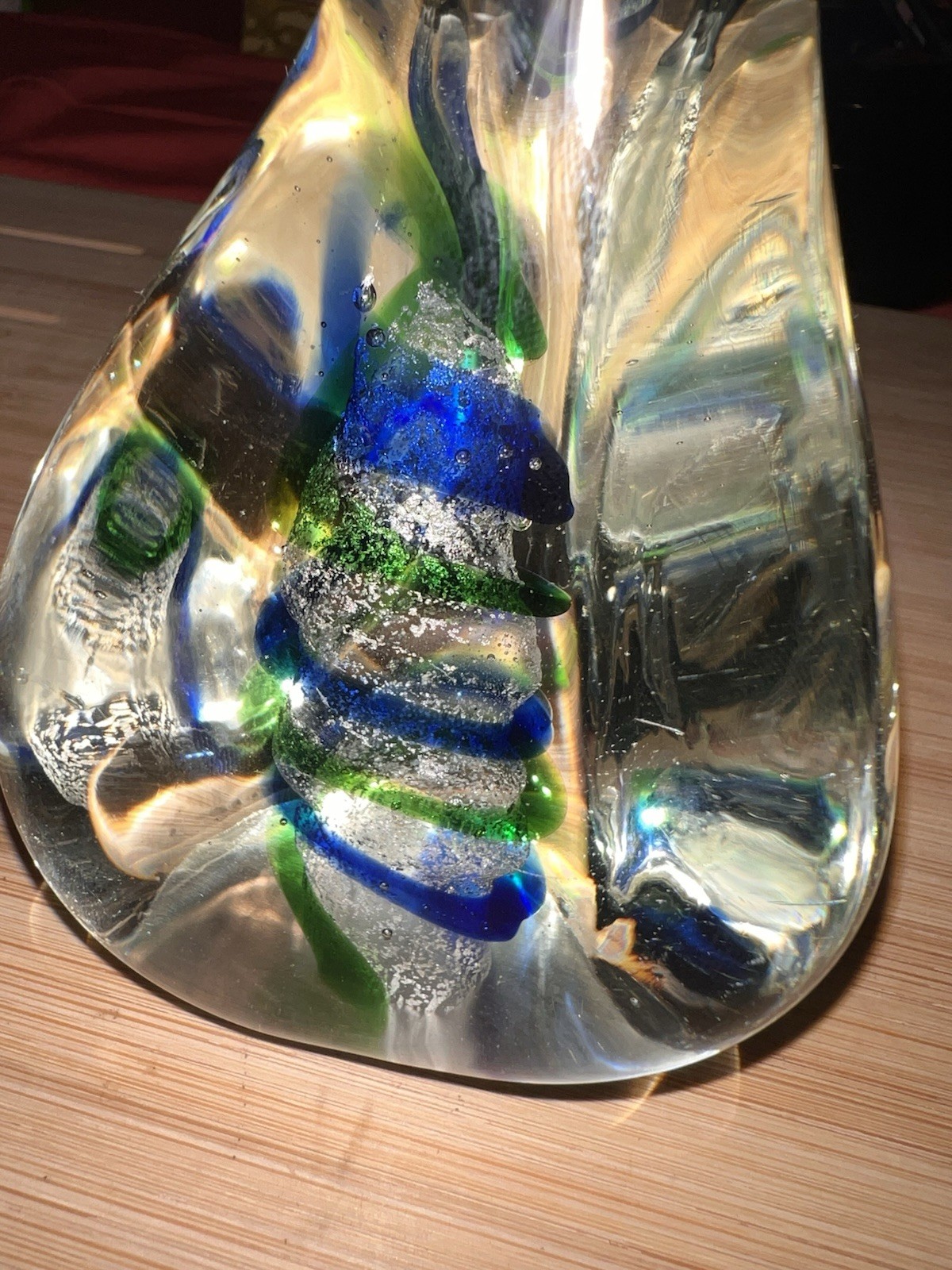 Hand Blown Art Glass Sculpture Abstract Blue Green Clear 3D Effect 6.5 in