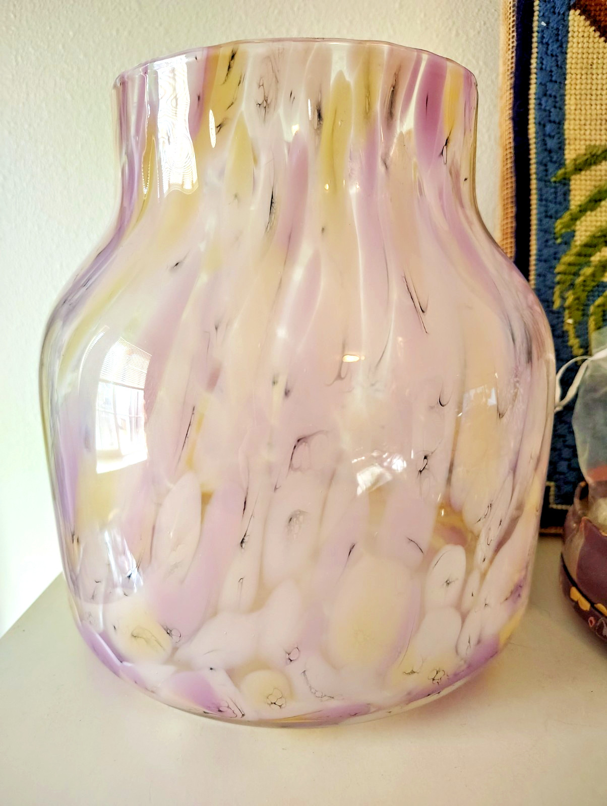 Studio Art Glass Murano Style Pink Swirl Yellow Mottled Bulbous Vase Decor Girly