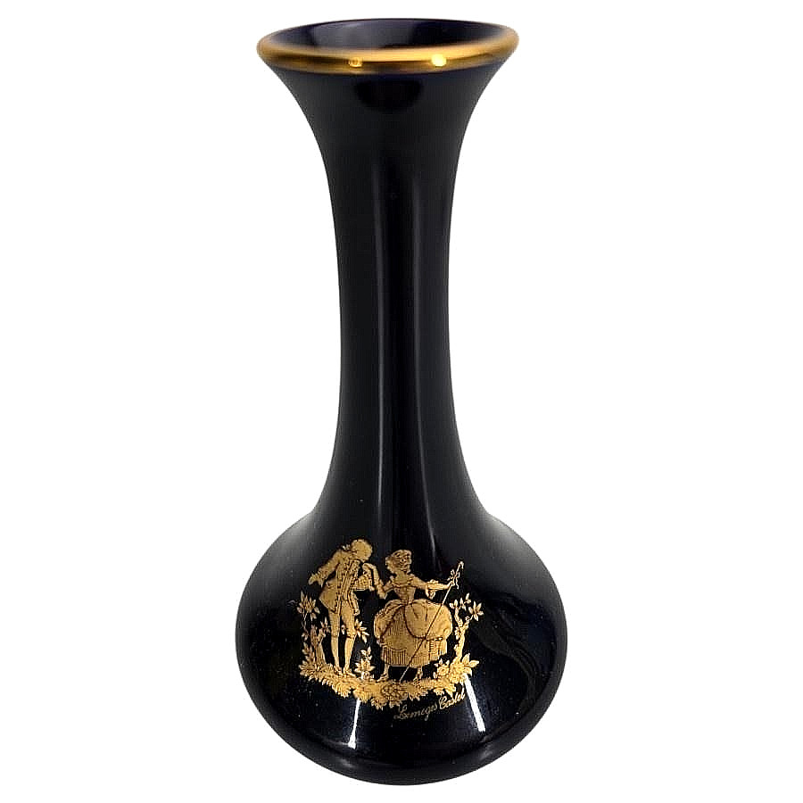 Limoges Castel Vase Porcelain Courting Couple Navy Blue 22K Gold France Rococo