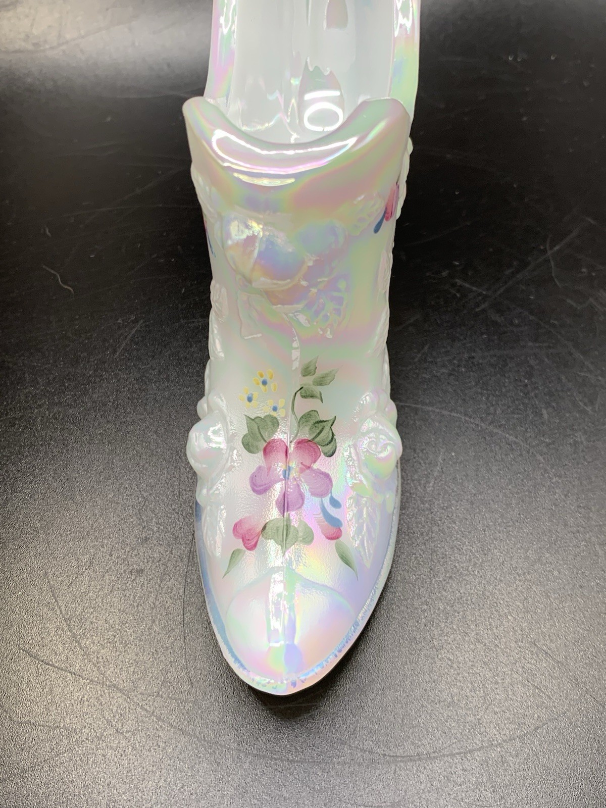 Fenton Hand Painted White Opalescent Glass Shoe Signed Cabbage Rose M Wagner