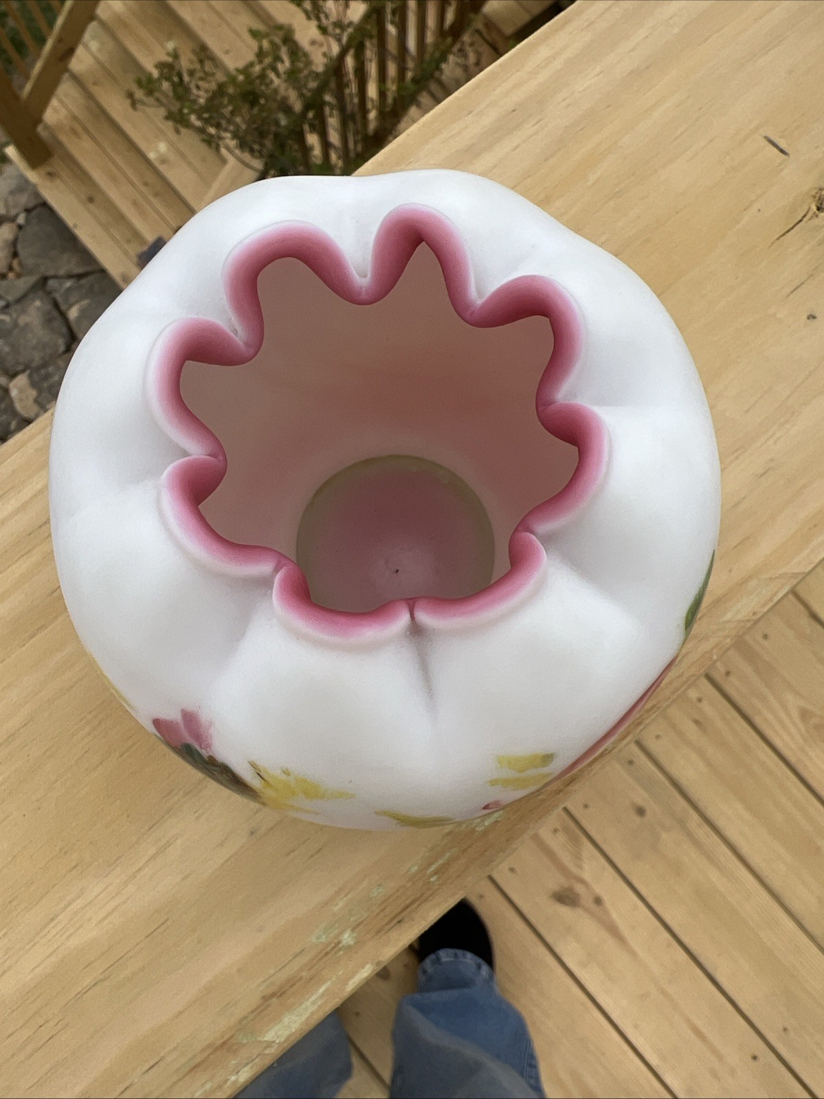 Vintage Fenton LG Wright Peach Blow Moss Rose Glass Rose Bowl Satin Hand Painted