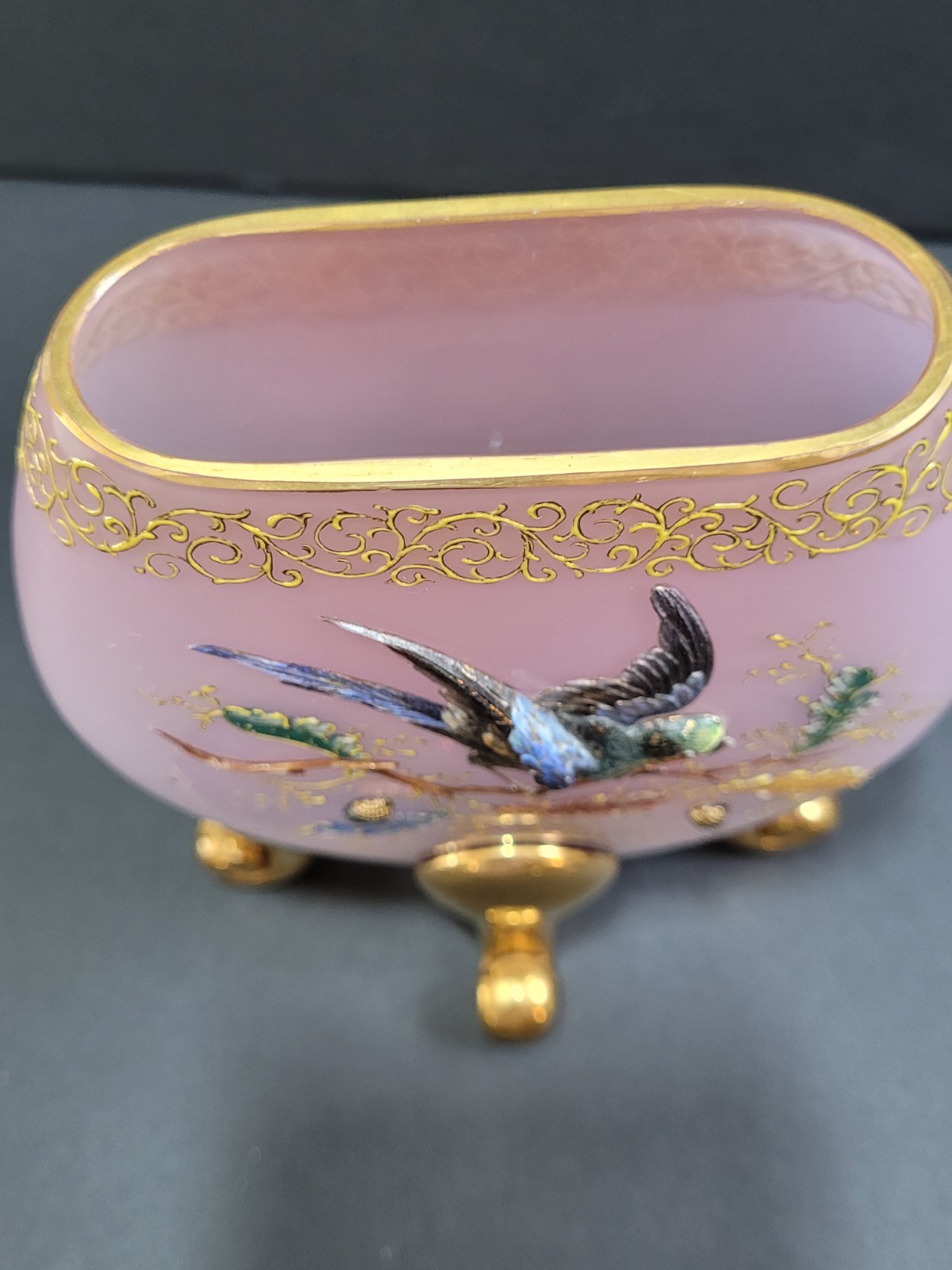 MOSER Victorian Glass Pillow Vase Pink & Gold Enamel Painted Bird & Accorns Rare