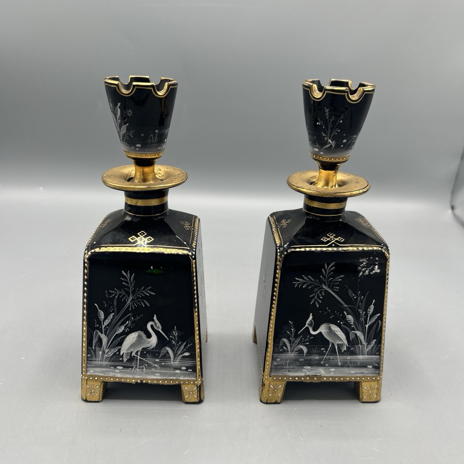 Antique Bohemian Gold And Black Art Glass Handpainted Vintage 2 Perfume Bottle