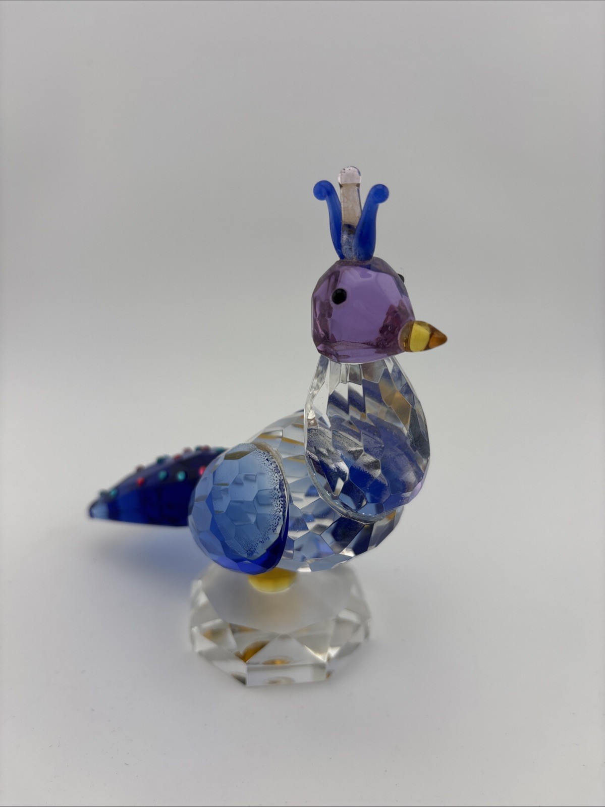 Crystal Peacock Figurine Blue Purple Faceted Glass Bird Statue Colorful Tail