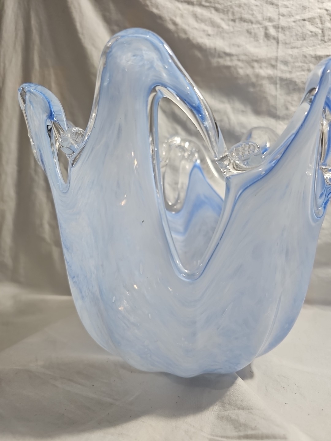 Large Murano Art Glass Vase Bowl Italy Hand Made Label Blue Unique Style Rare