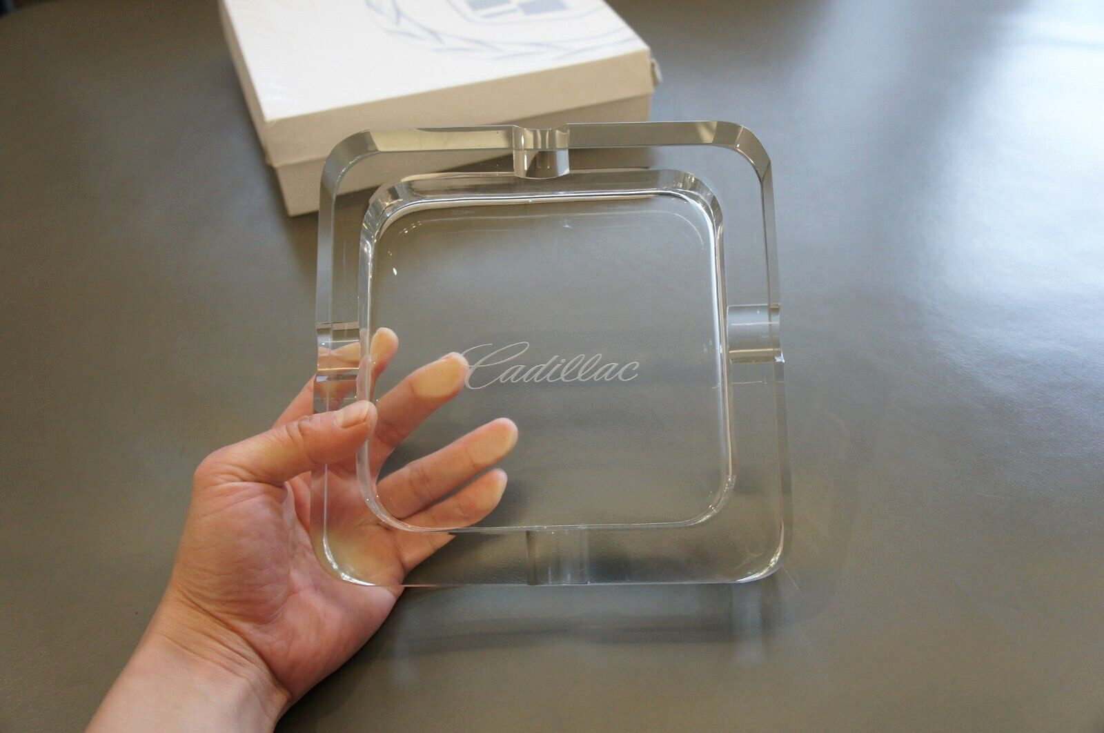 NIB Genuine Cadillac Squared Clear Glass Ashtray Cigarette Cigar Decorative Tray